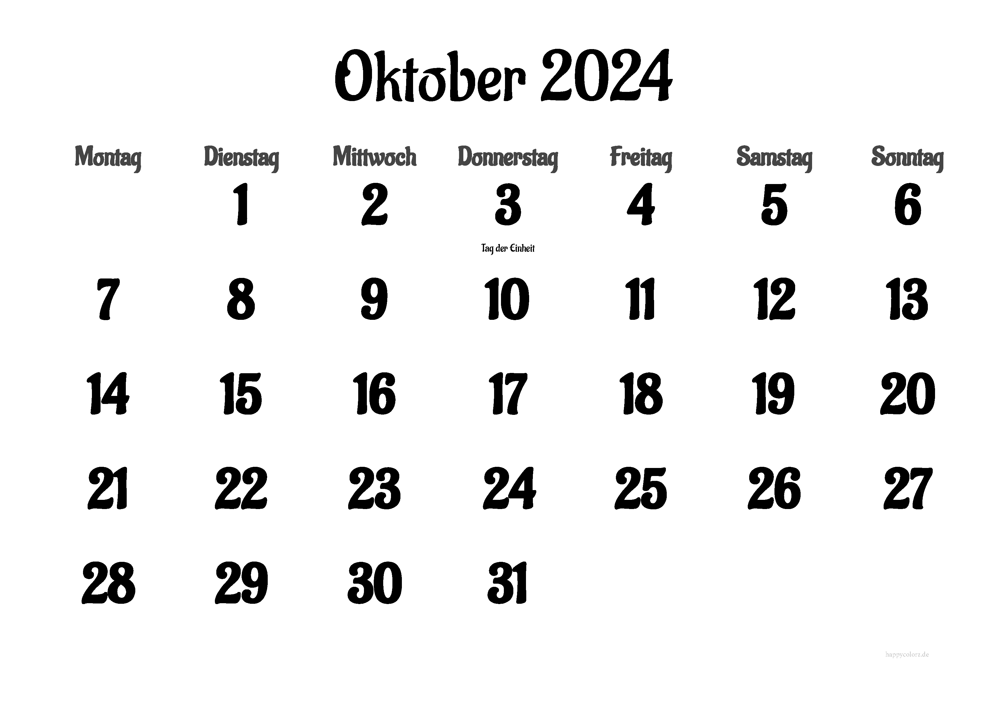 Kalender Oktober 2024 mit Feiertagen