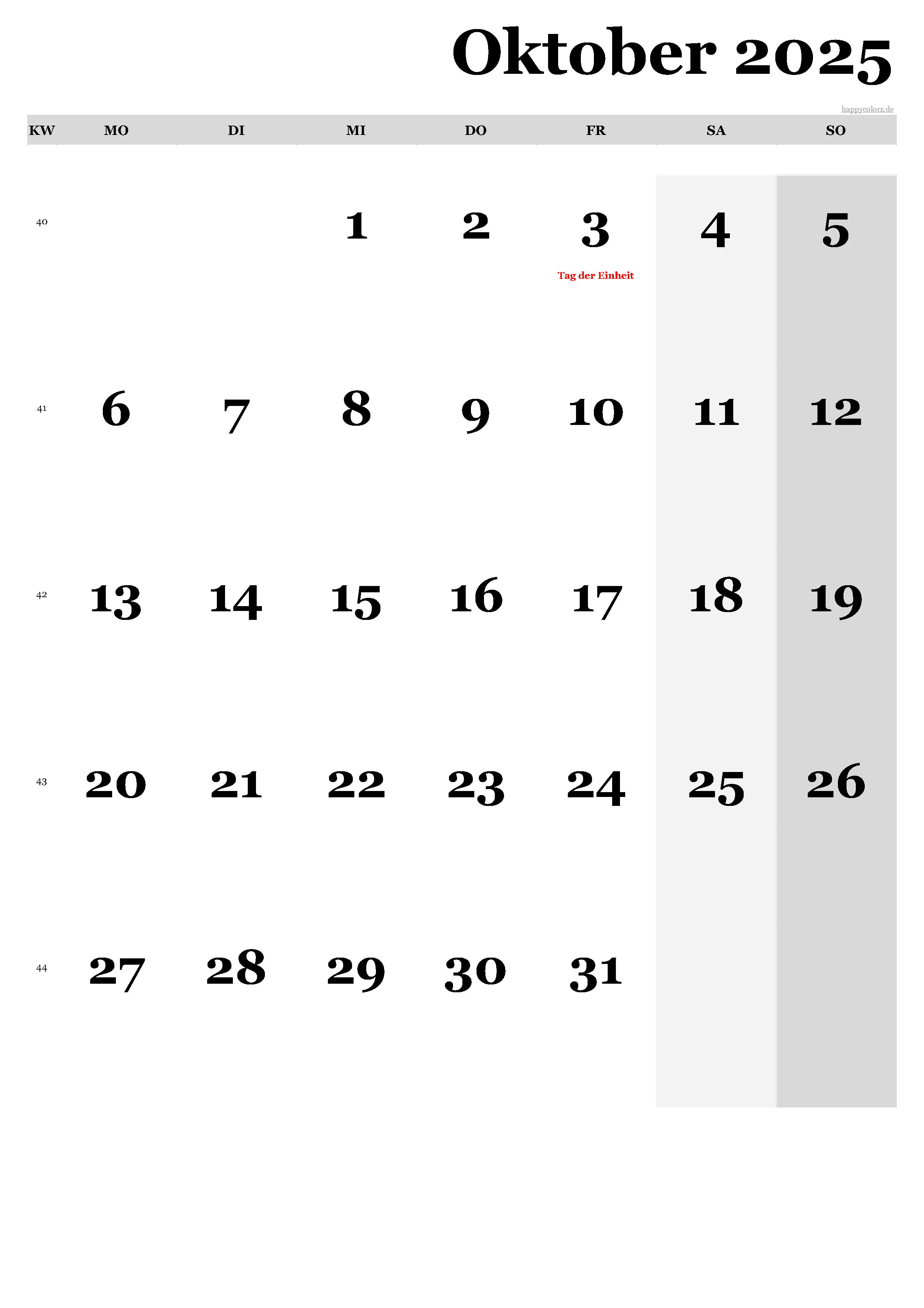 Kalender Oktober 2025 - Hochformat, kostenlos zum Ausdrucken