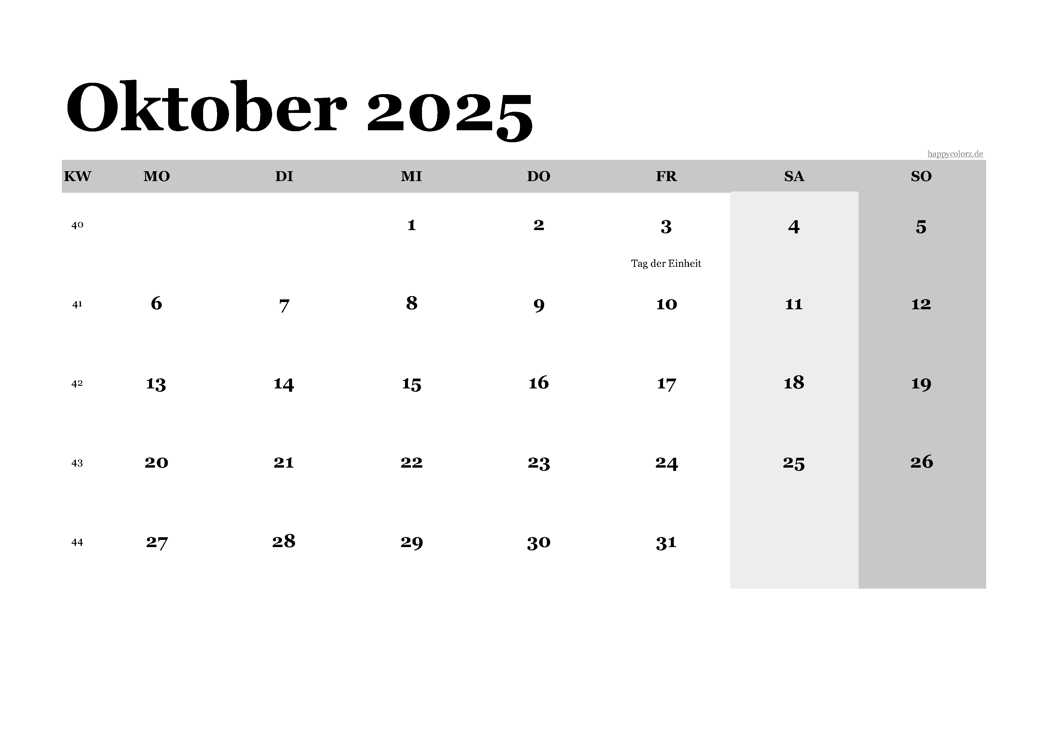 Kalender Oktober 2025 klassisch, Querformat PDF zum Ausdrucken