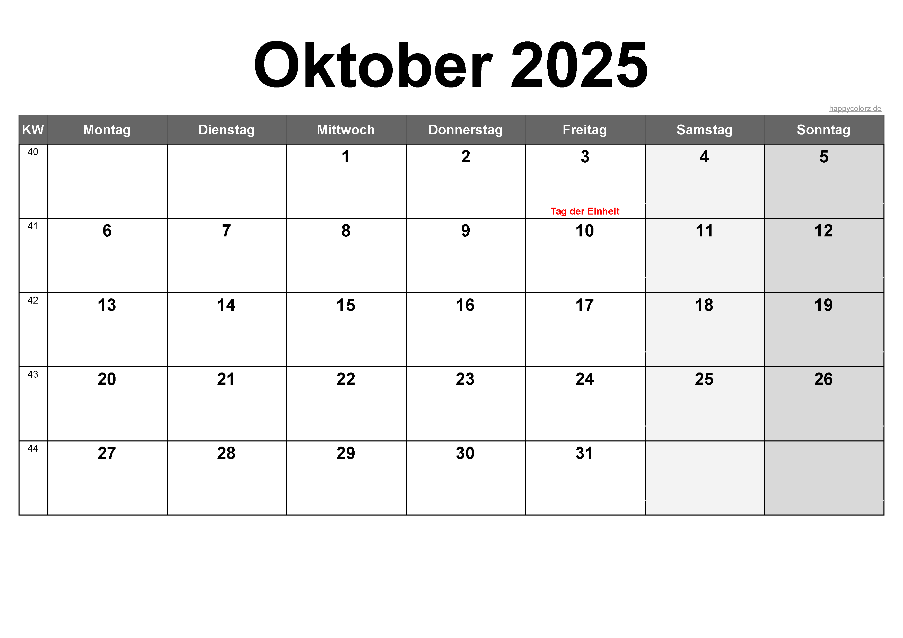 Vorlage Monatskalender Oktober 2025 zum kostenlosen Ausdruck