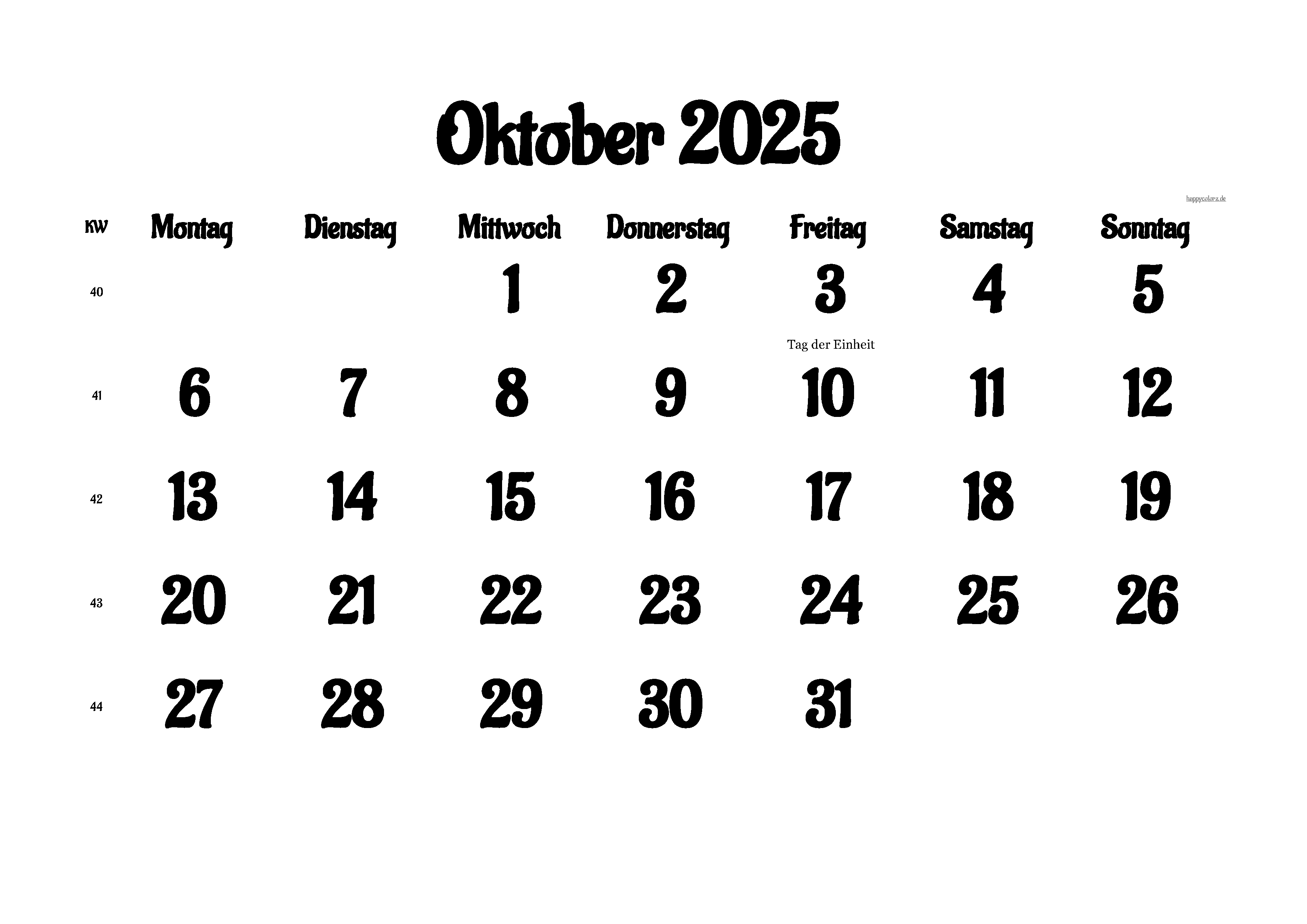 Kalender Oktober 2025 mit Feiertagen