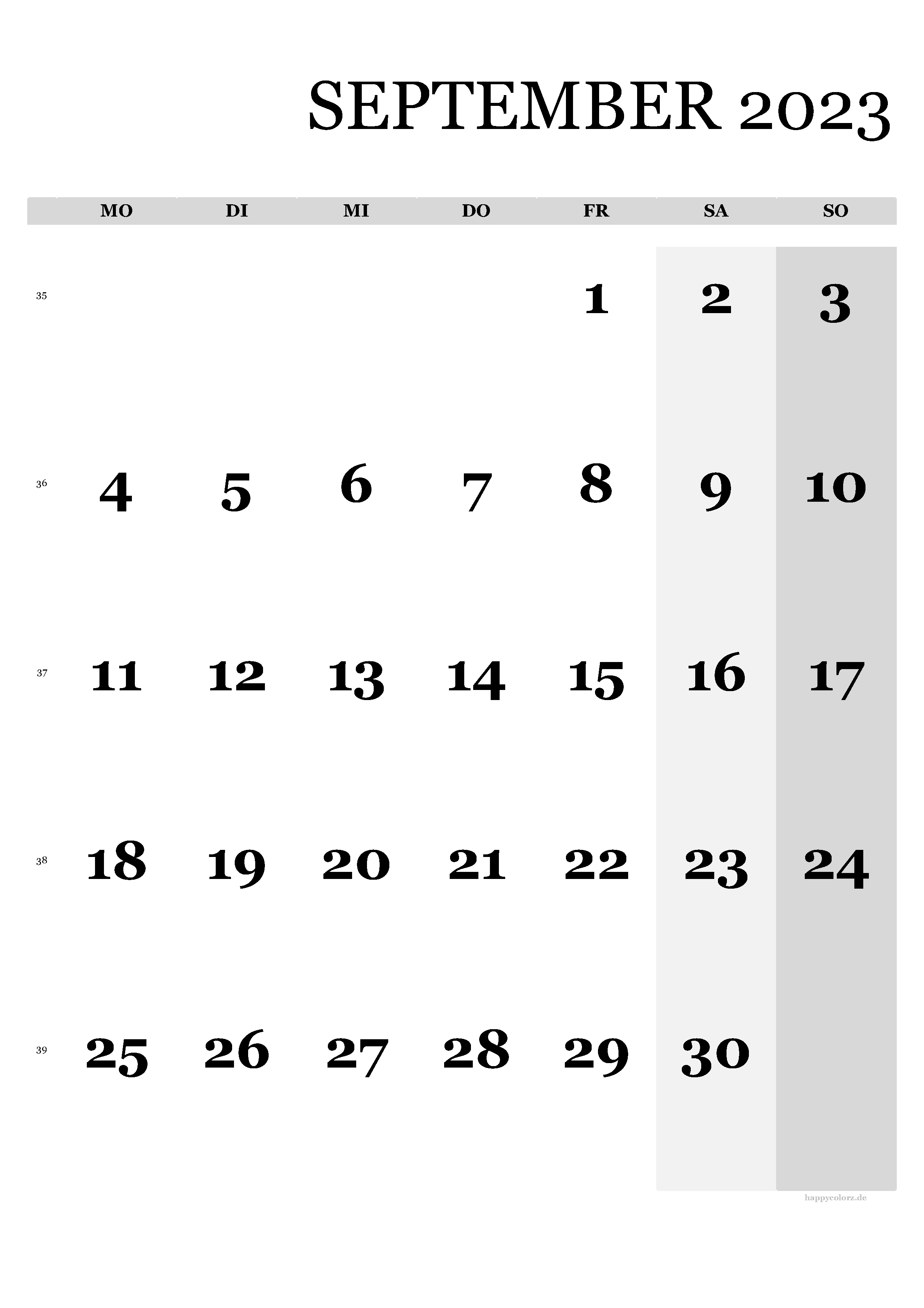 Kalender September 2023 - Hochformat, kostenlos zum Ausdrucken