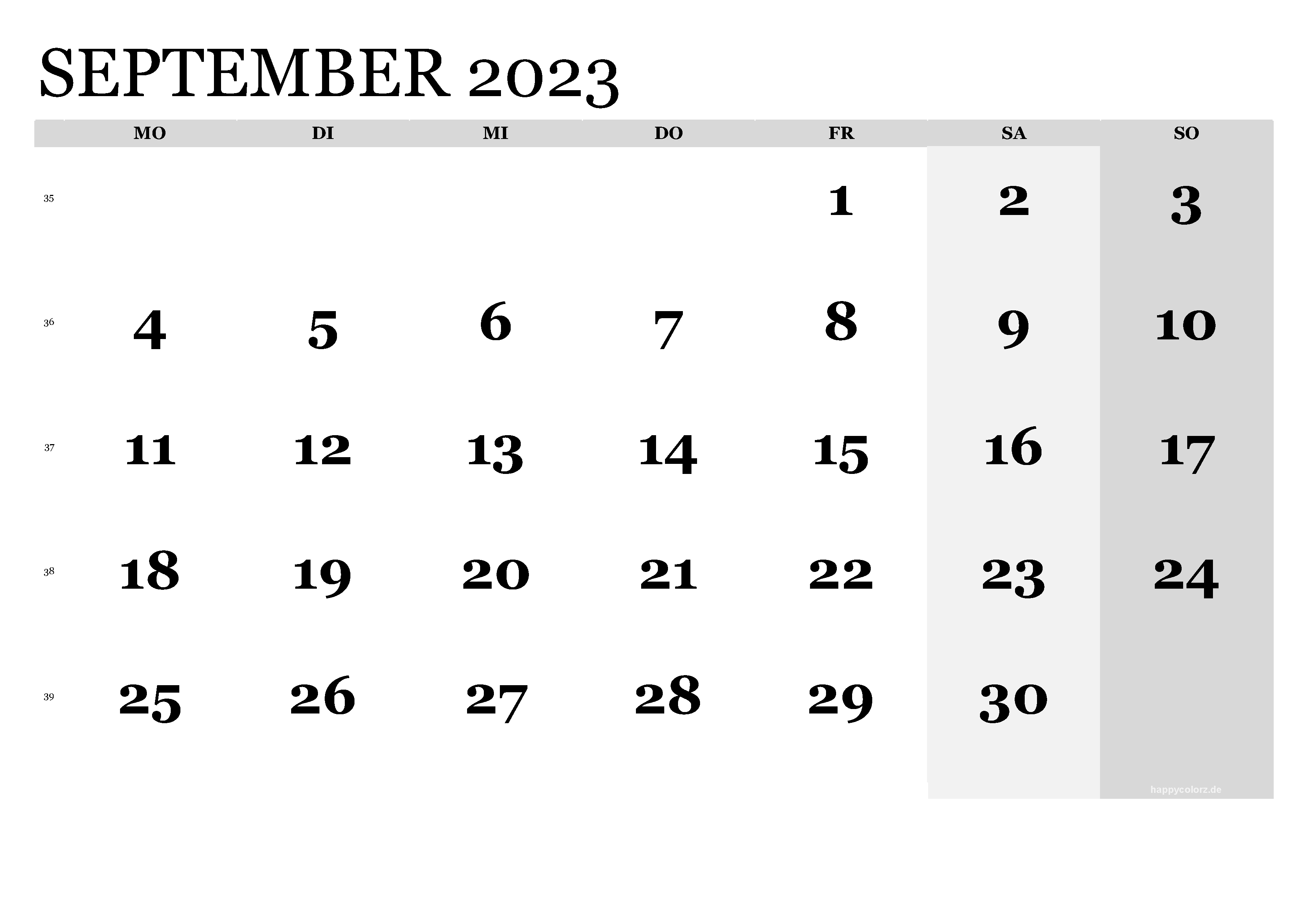 Kalender September 2023 klassisch, Querformat PDF zum Ausdrucken