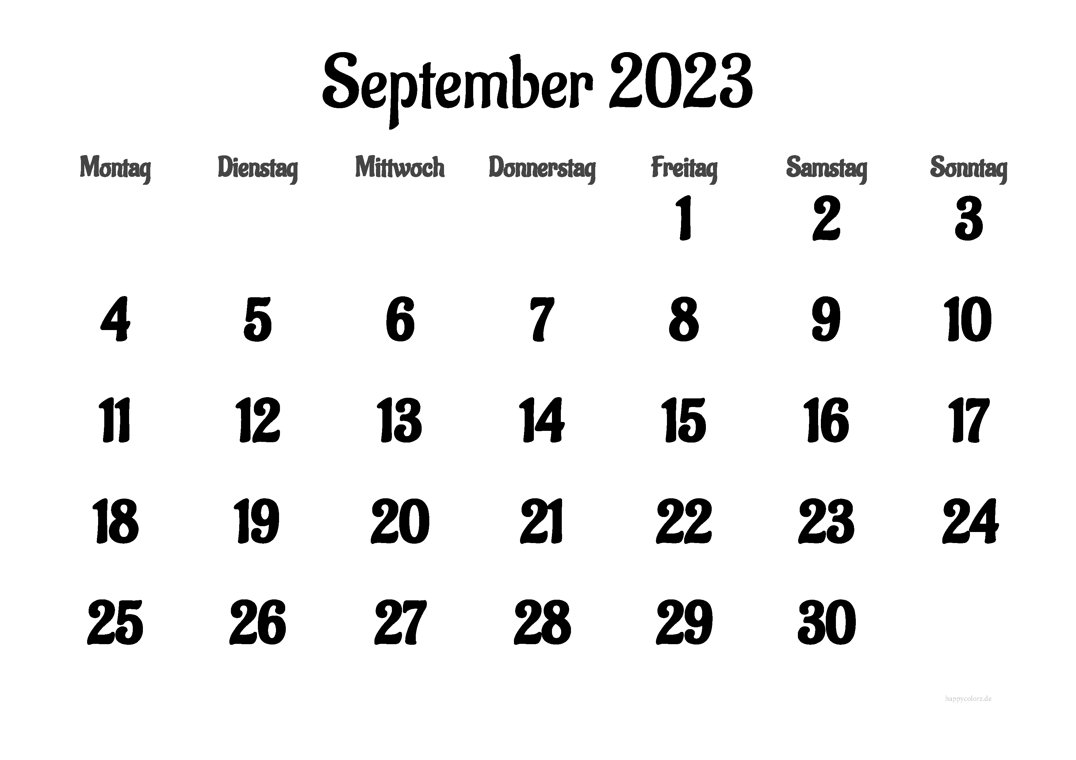 Kalender September 2023 mit Feiertagen