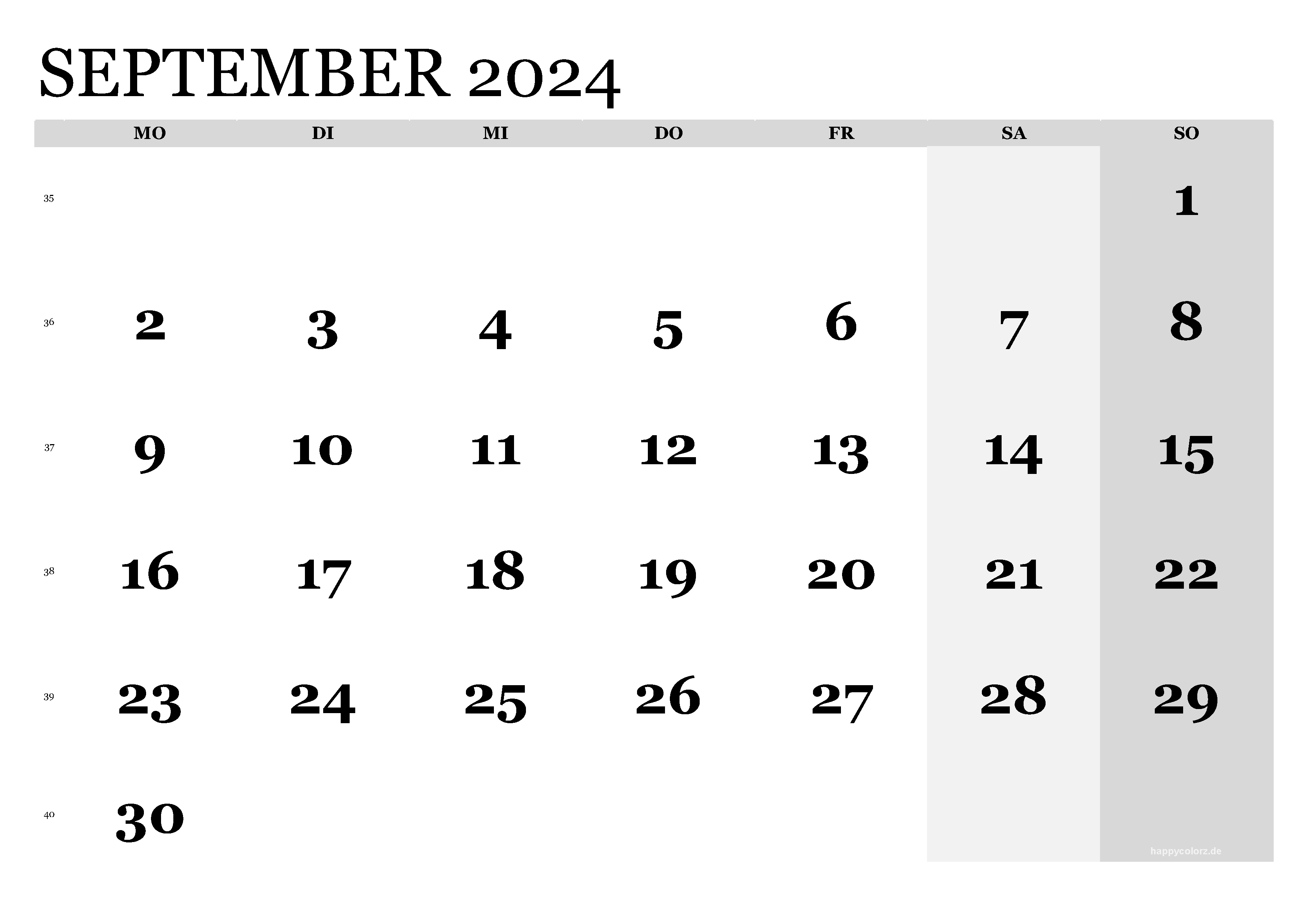 Kalender September 2024 klassisch, Querformat PDF zum Ausdrucken