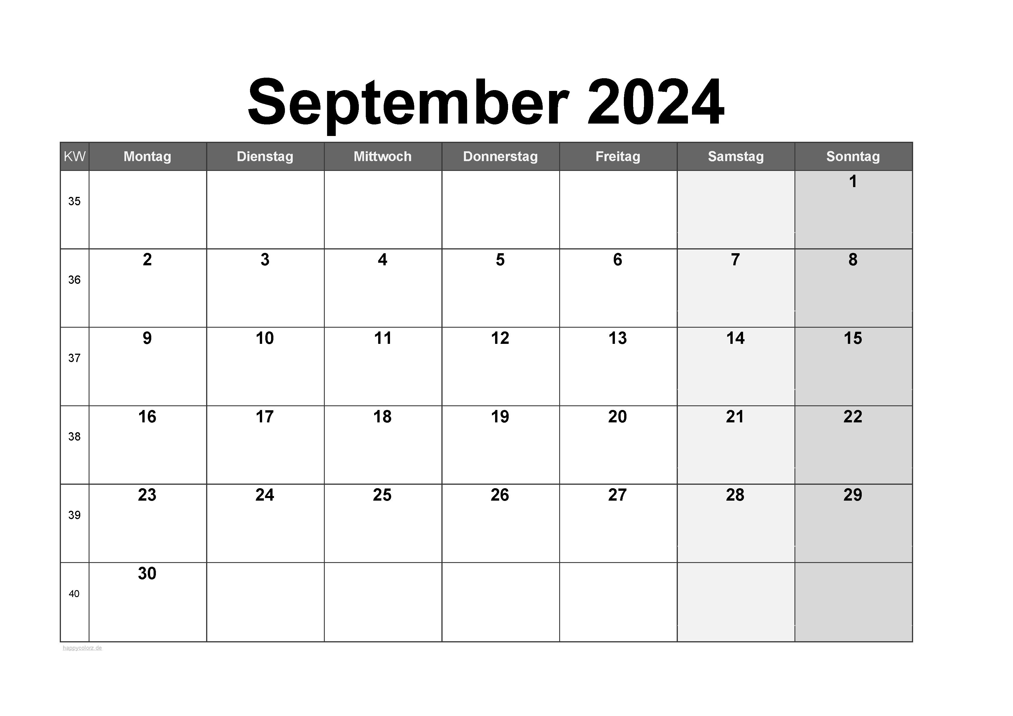 Vorlage Monatskalender September 2024 zum kostenlosen Ausdruck
