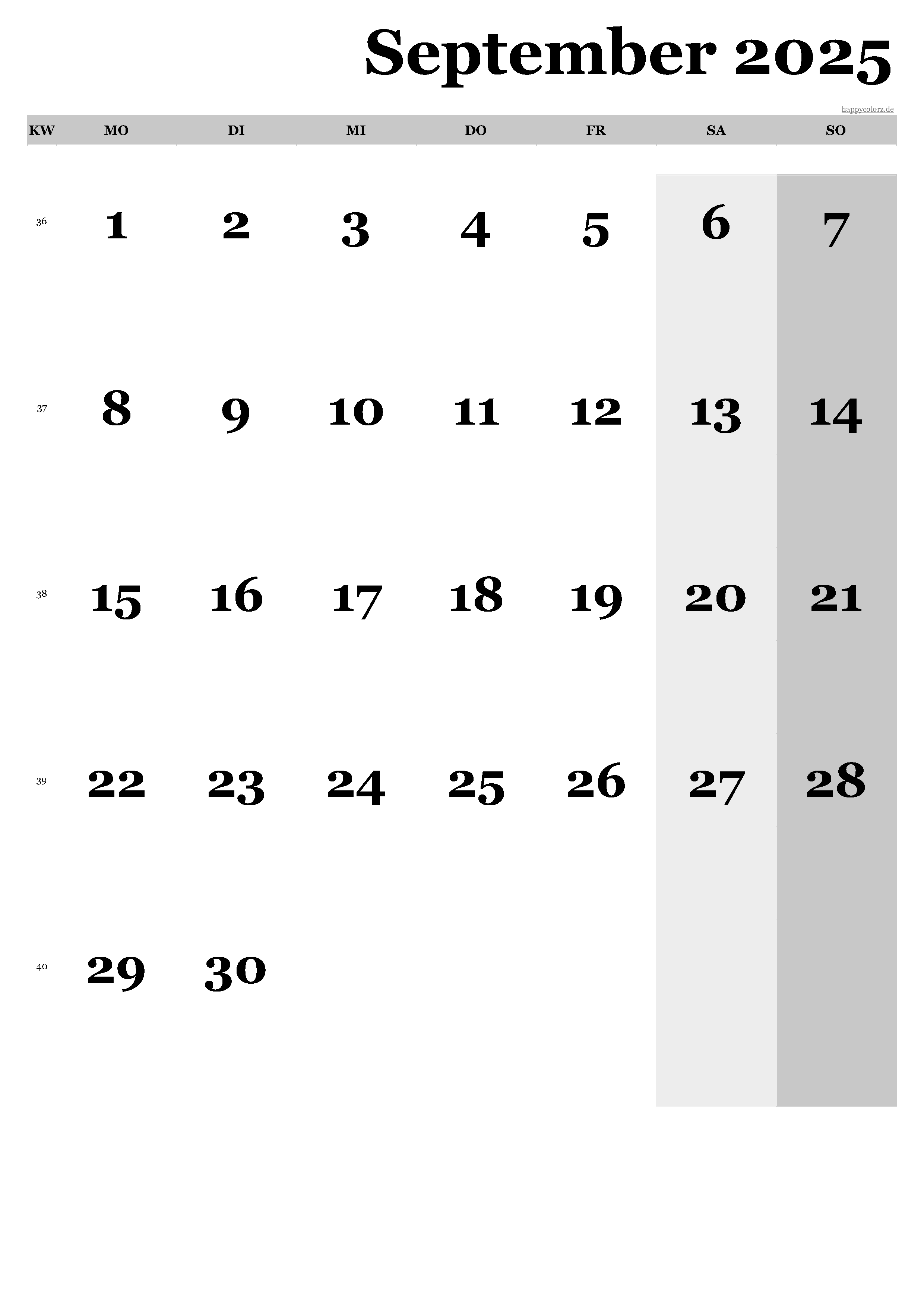 Kalender September 2025 - Hochformat, kostenlos zum Ausdrucken