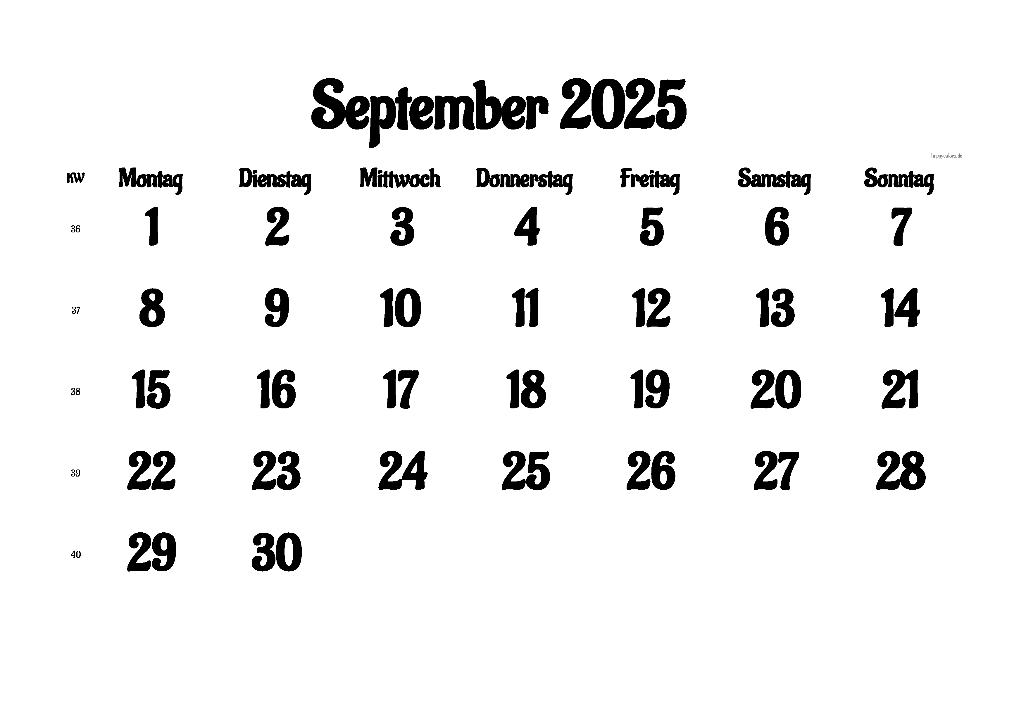 Kalender September 2025 mit Feiertagen