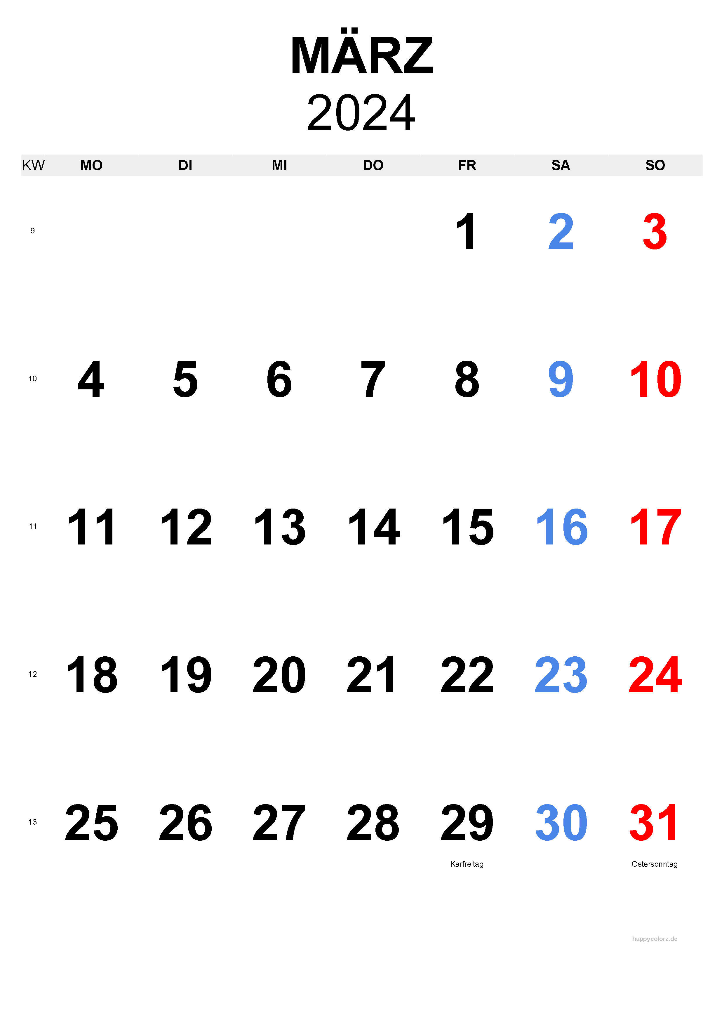 März 2024 Kalender - Hochformat, kostenlos zum Ausdrucken