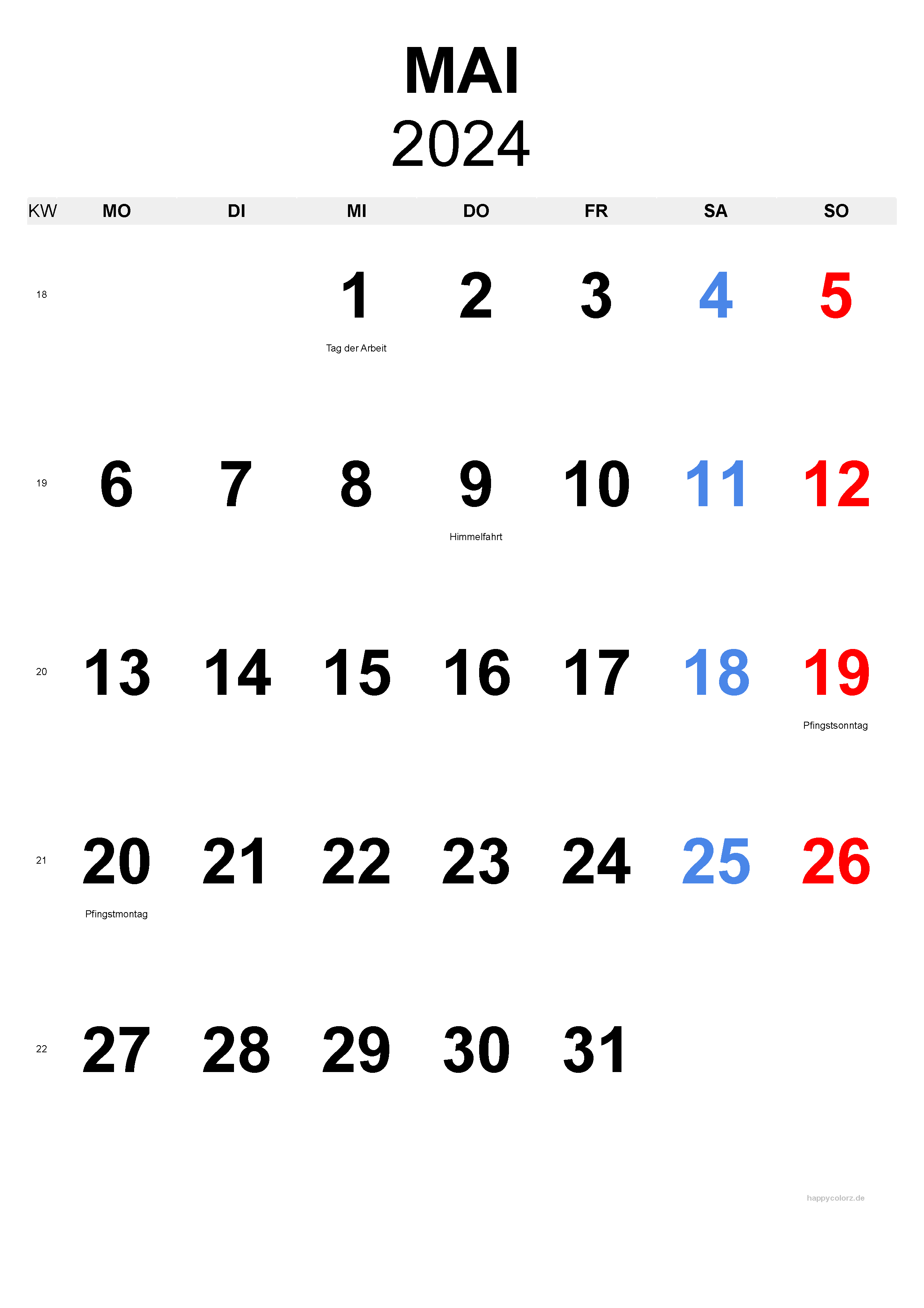 Mai 2024 Kalender - Hochformat, kostenlos zum Ausdrucken