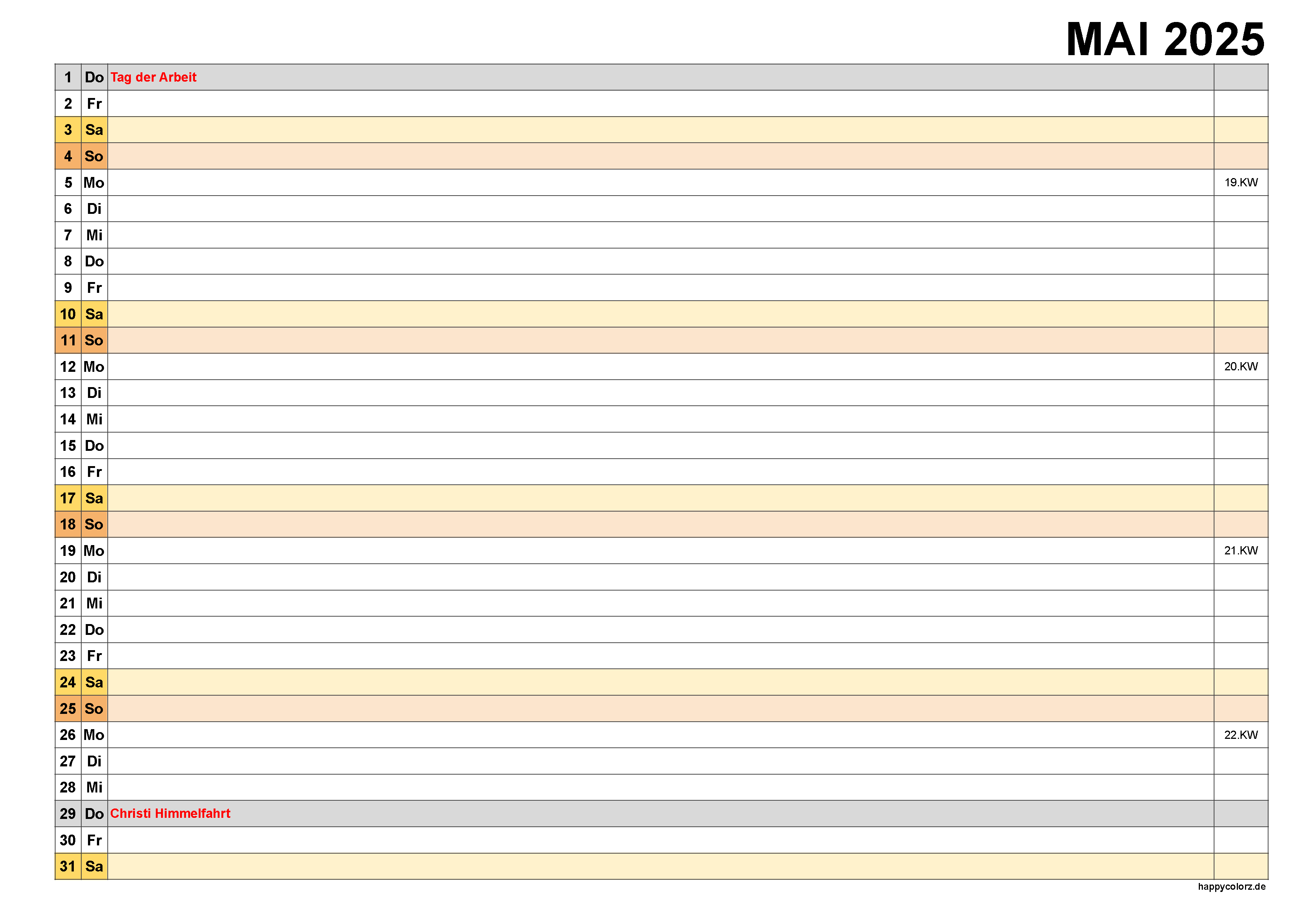 Kalender Mai 2025, kostenloser Planer pdf