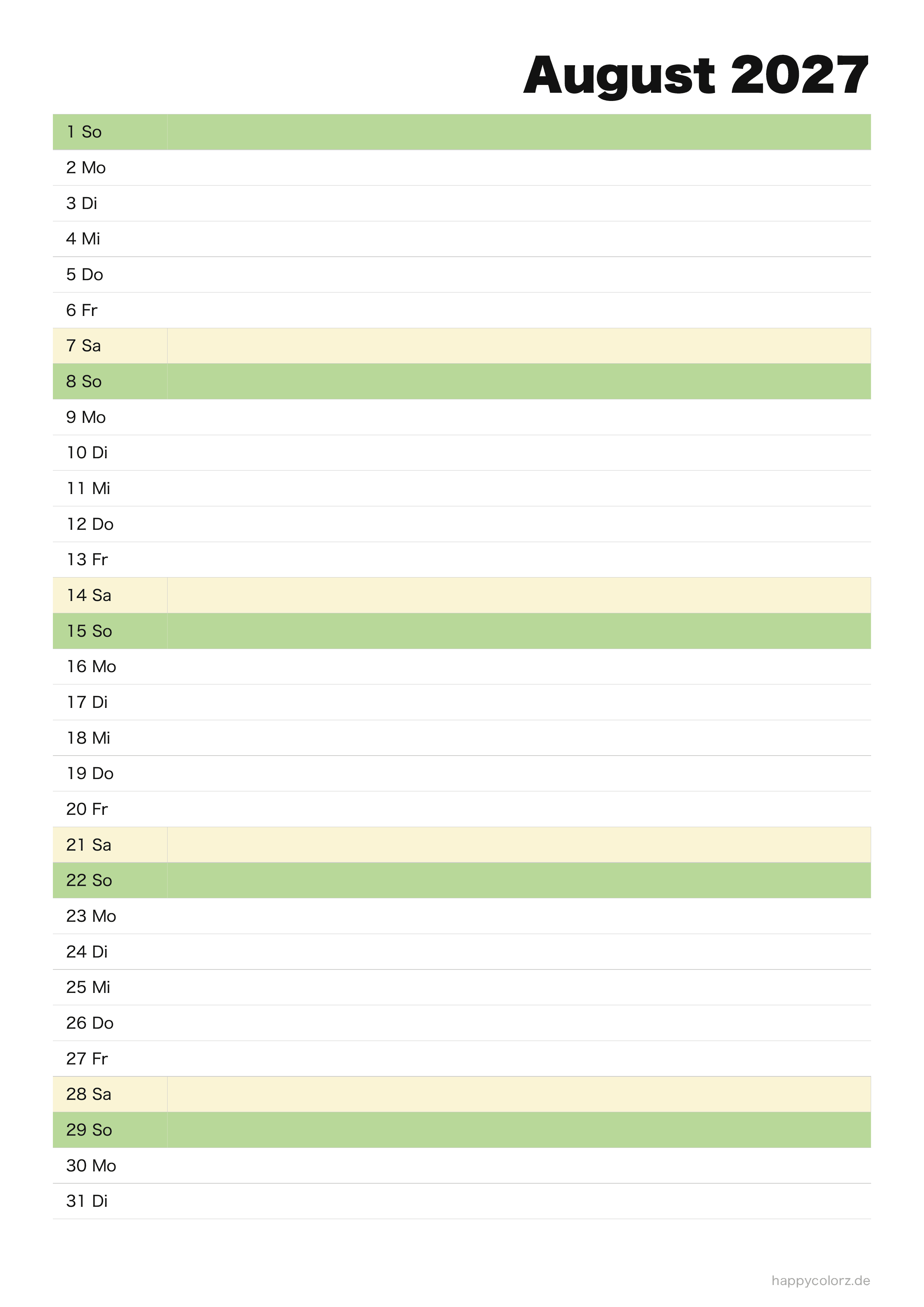 Kalender August 2027 Agenda, PDF zum Ausdrucken
