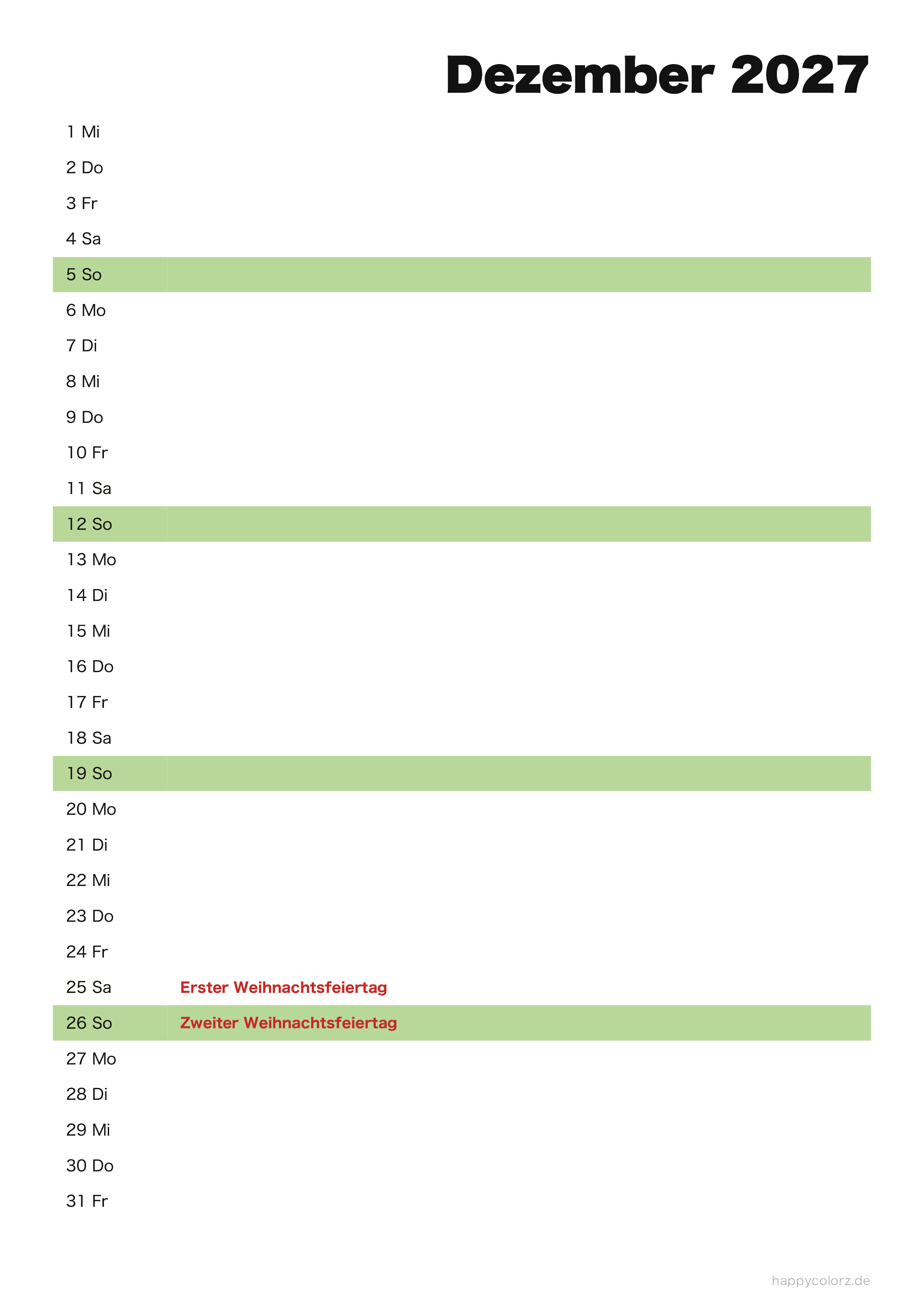 Kalender Dezember 2027 Agenda, PDF zum Ausdrucken