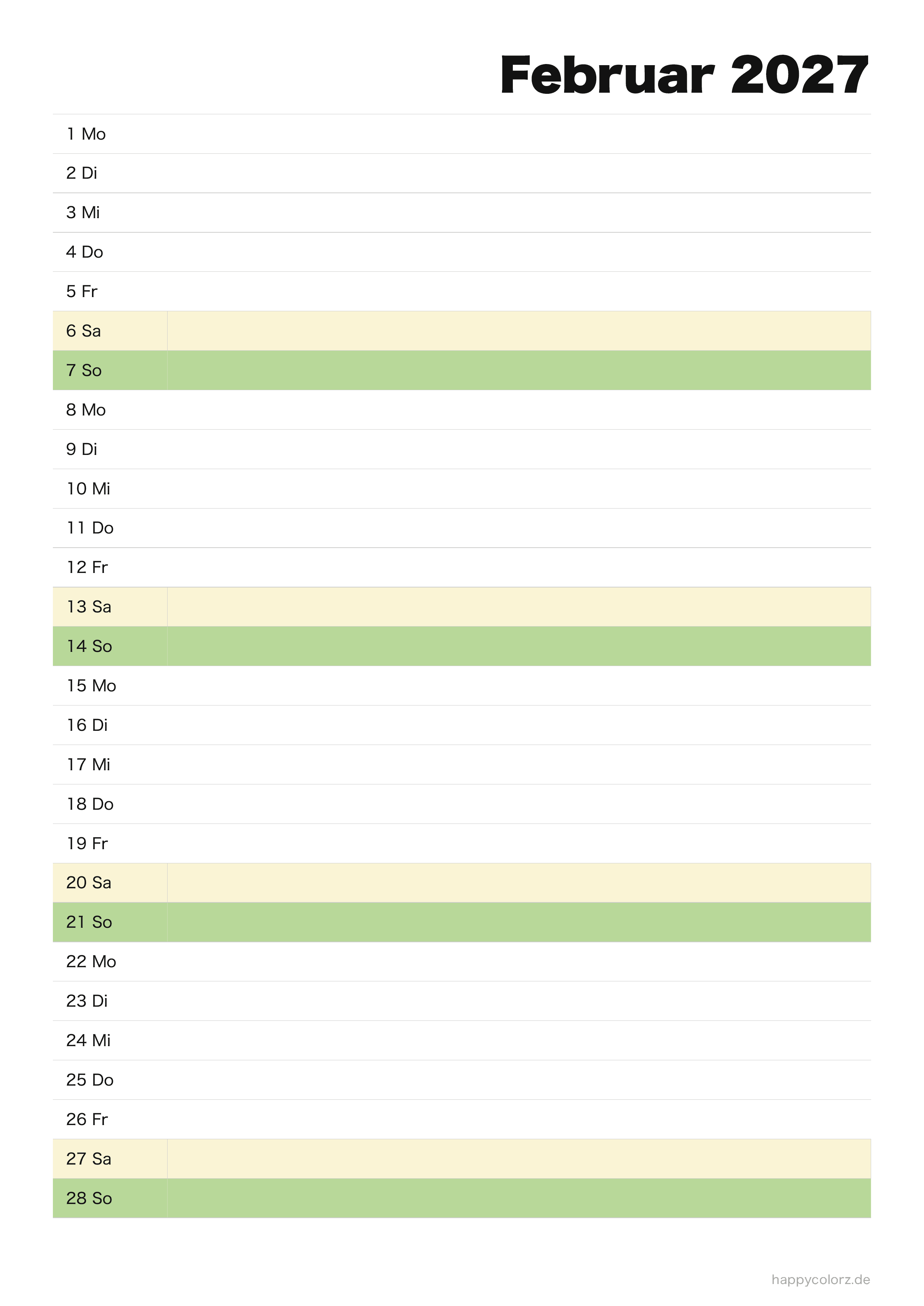 Kalender Februar 2027 Agenda, PDF zum Ausdrucken