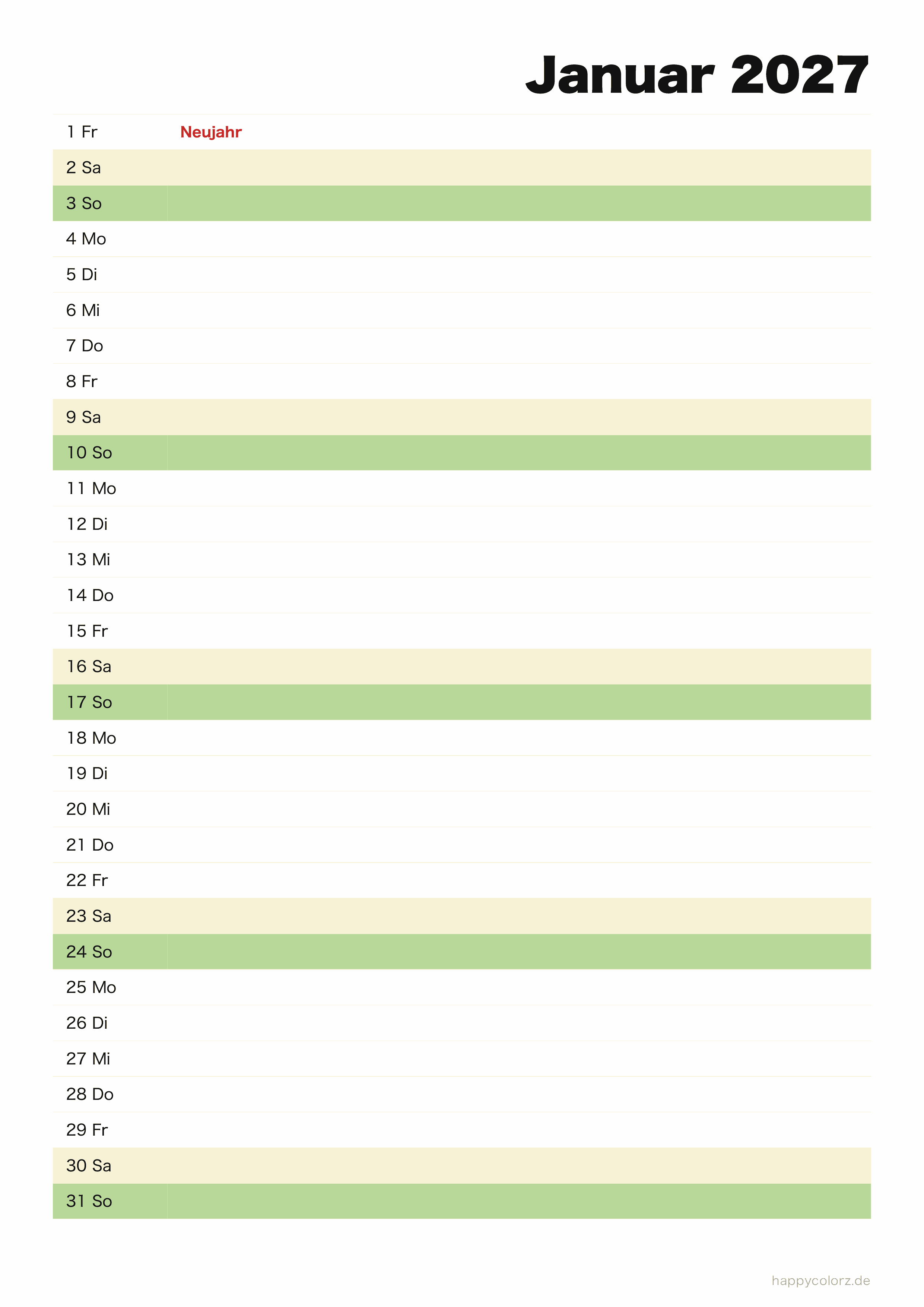 Kalender Januar 2027 Agenda mit Linien, Hochformat PDF zum Ausdrucken