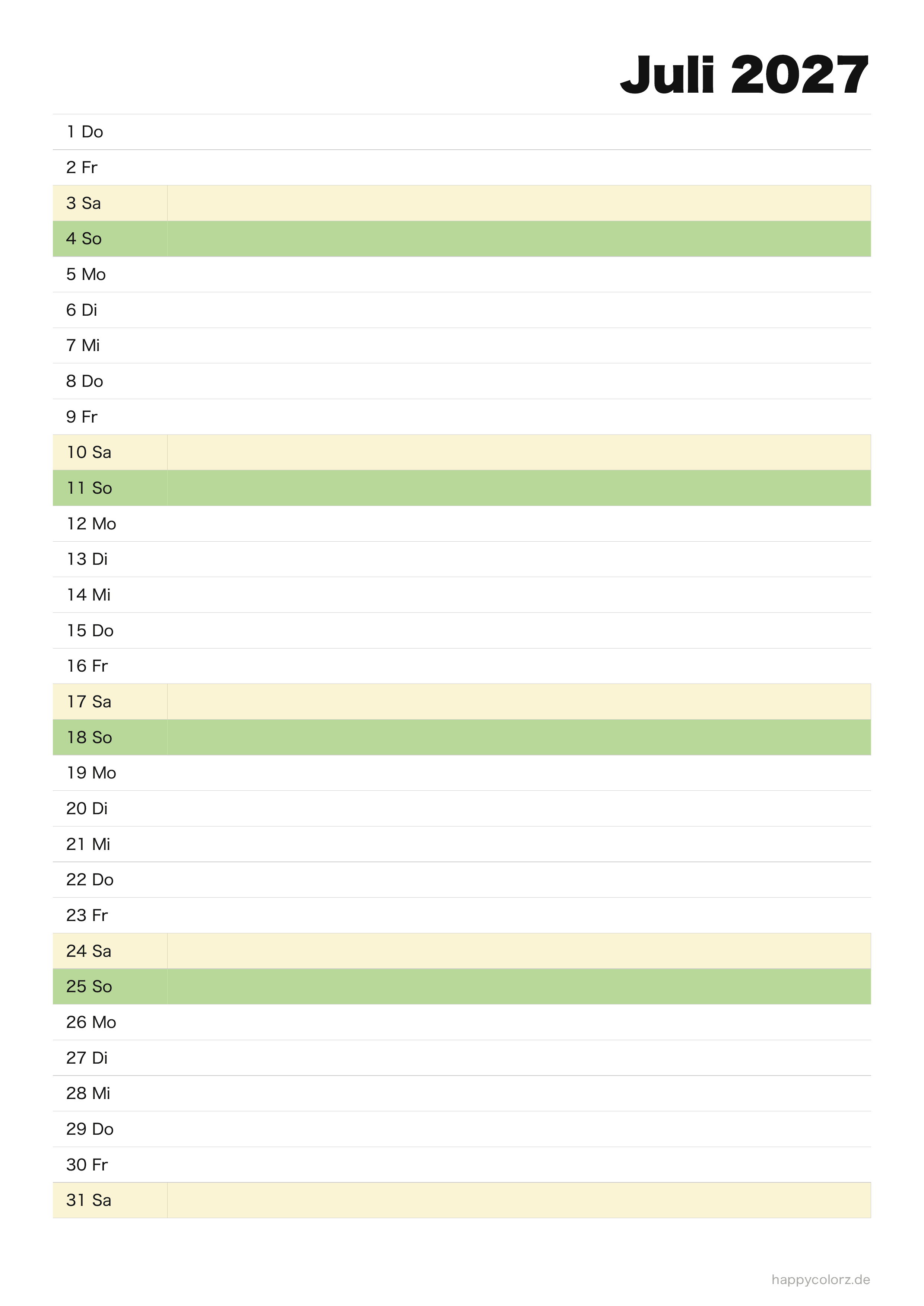 Kalender Juli 2027 Agenda, PDF zum Ausdrucken