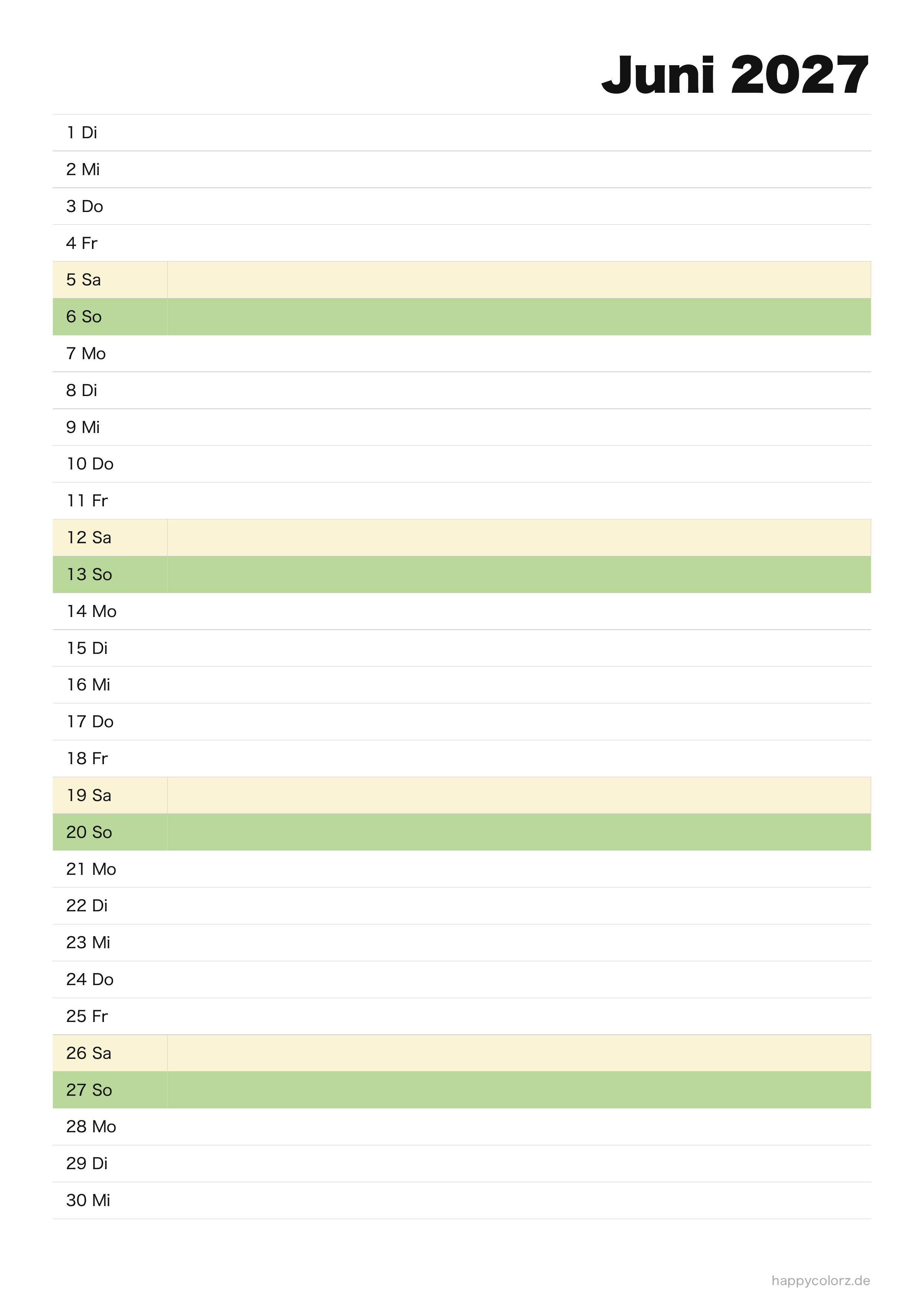 Kalender Juni 2027 Agenda, PDF zum Ausdrucken