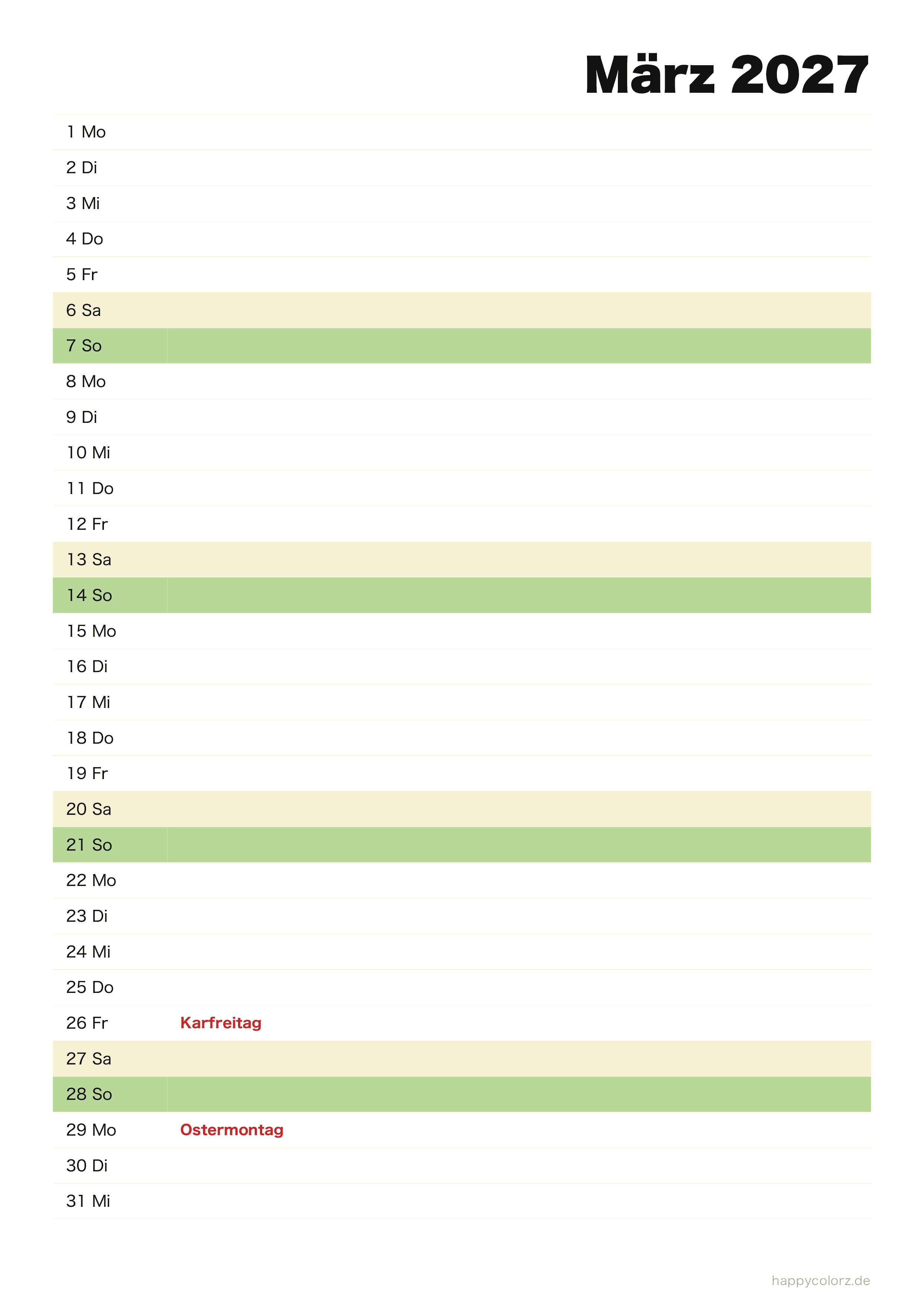 Kalender März 2027 Agenda, PDF zum Ausdrucken