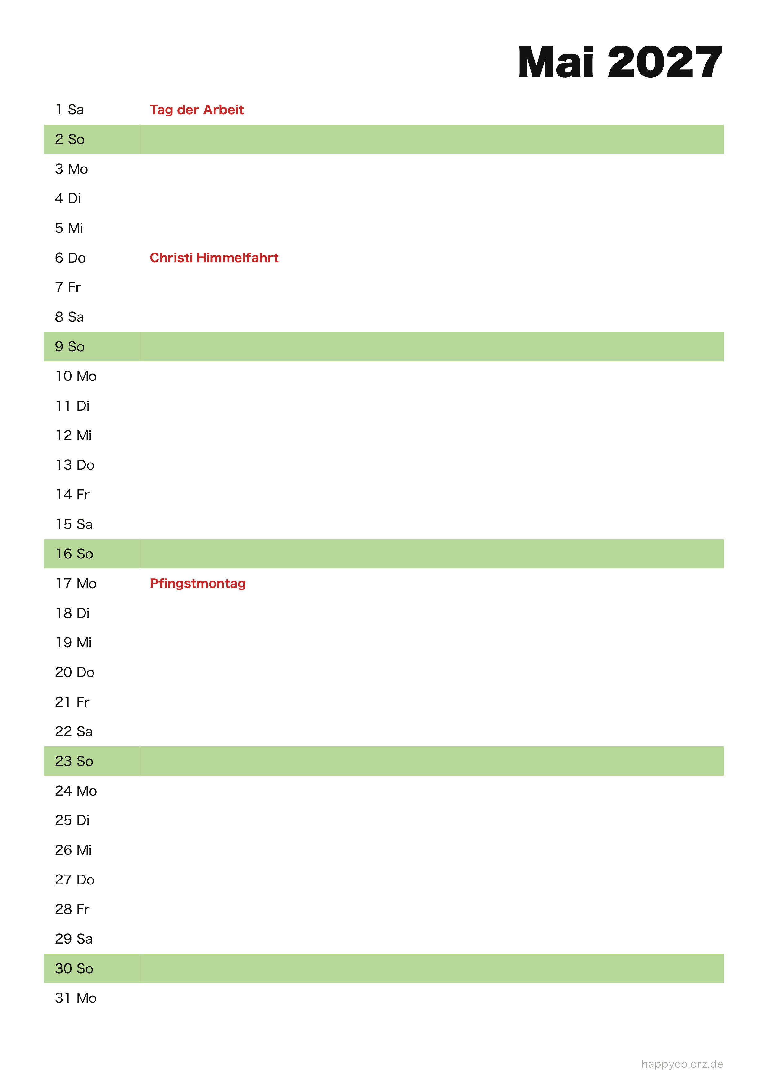 Kalender Mai 2027 Agenda, PDF zum Ausdrucken