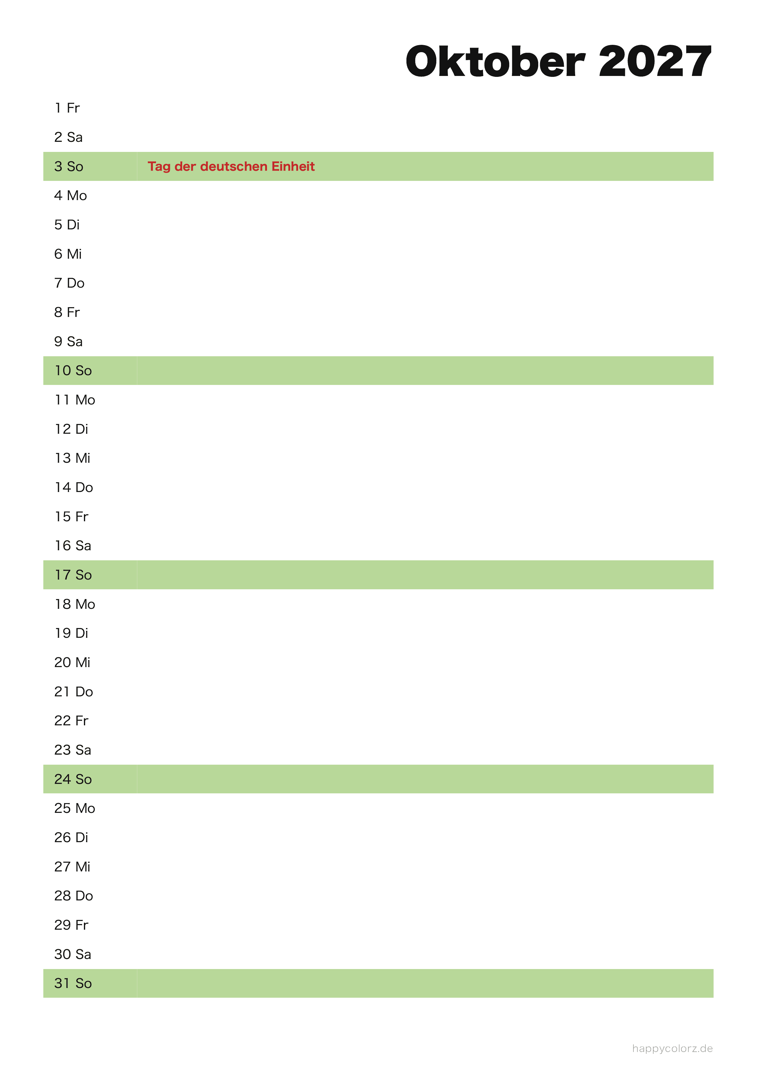 Kalender Oktober 2027 Agenda, PDF zum Ausdrucken