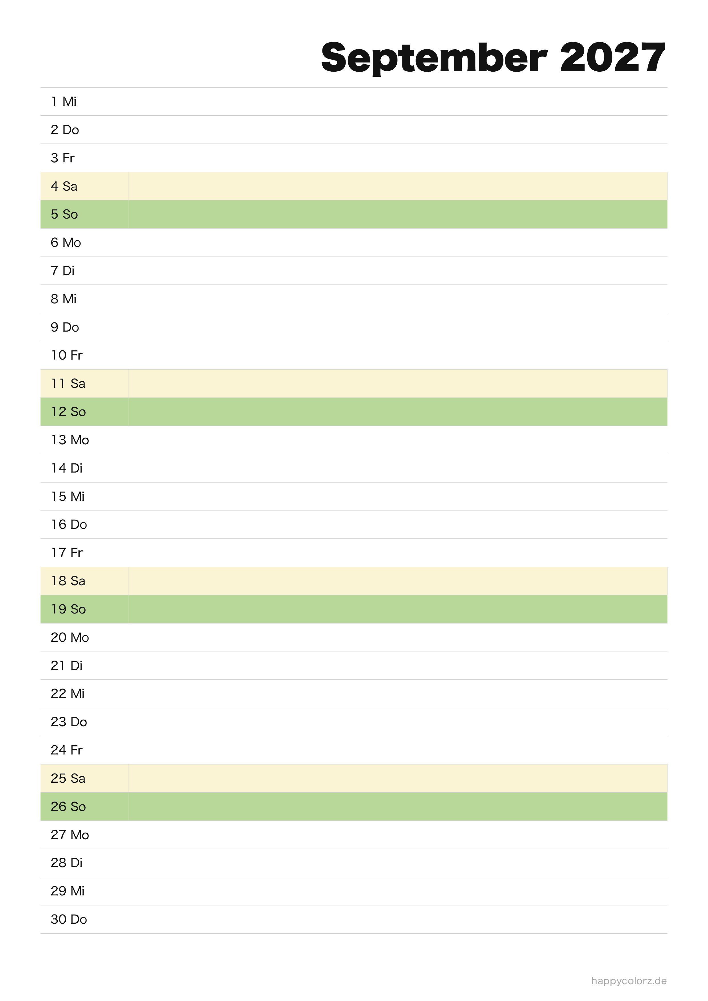 Kalender September 2027 Agenda, PDF zum Ausdrucken