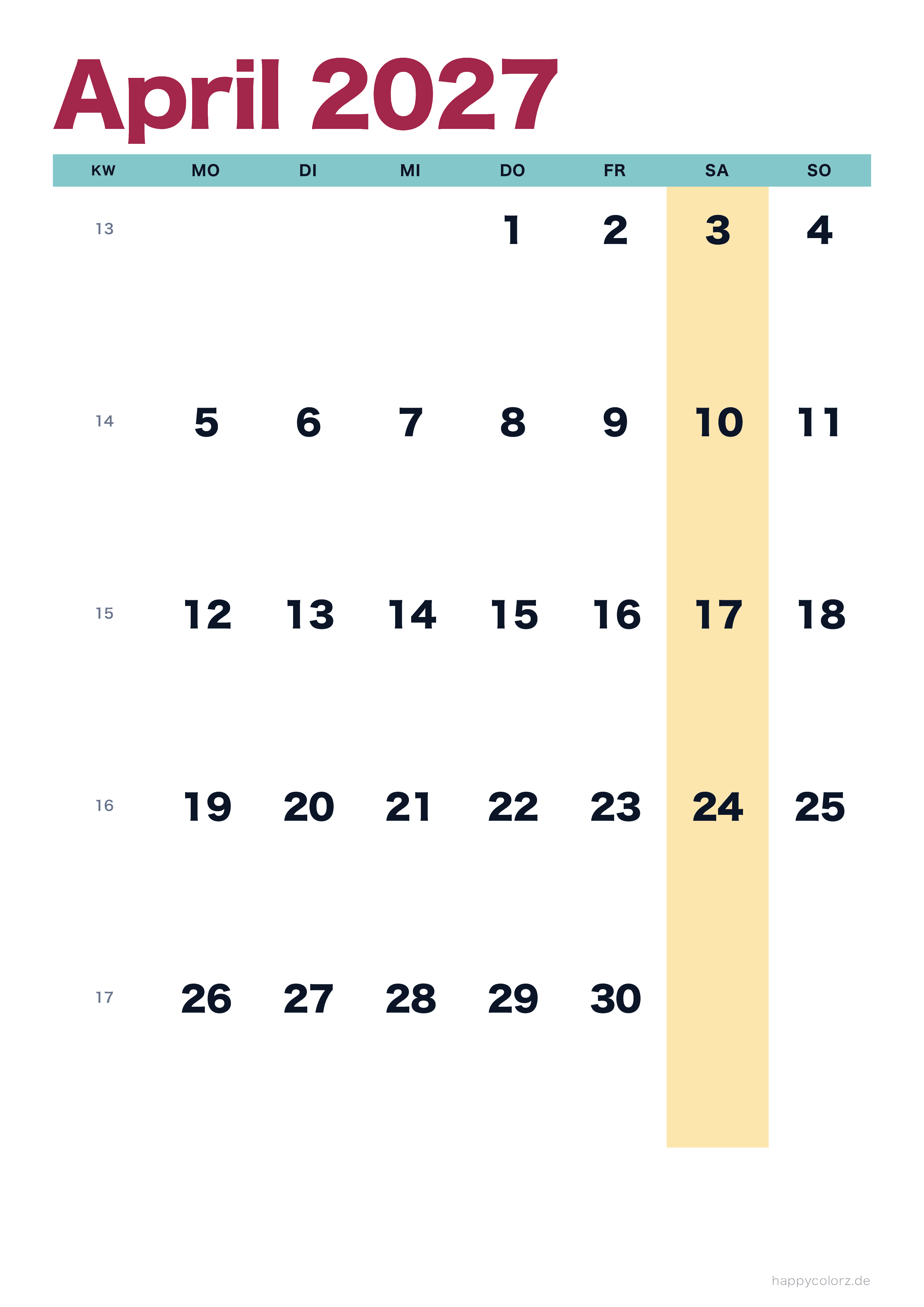 Kalender April 2027 bunt & modern, PDF zum Ausdrucken