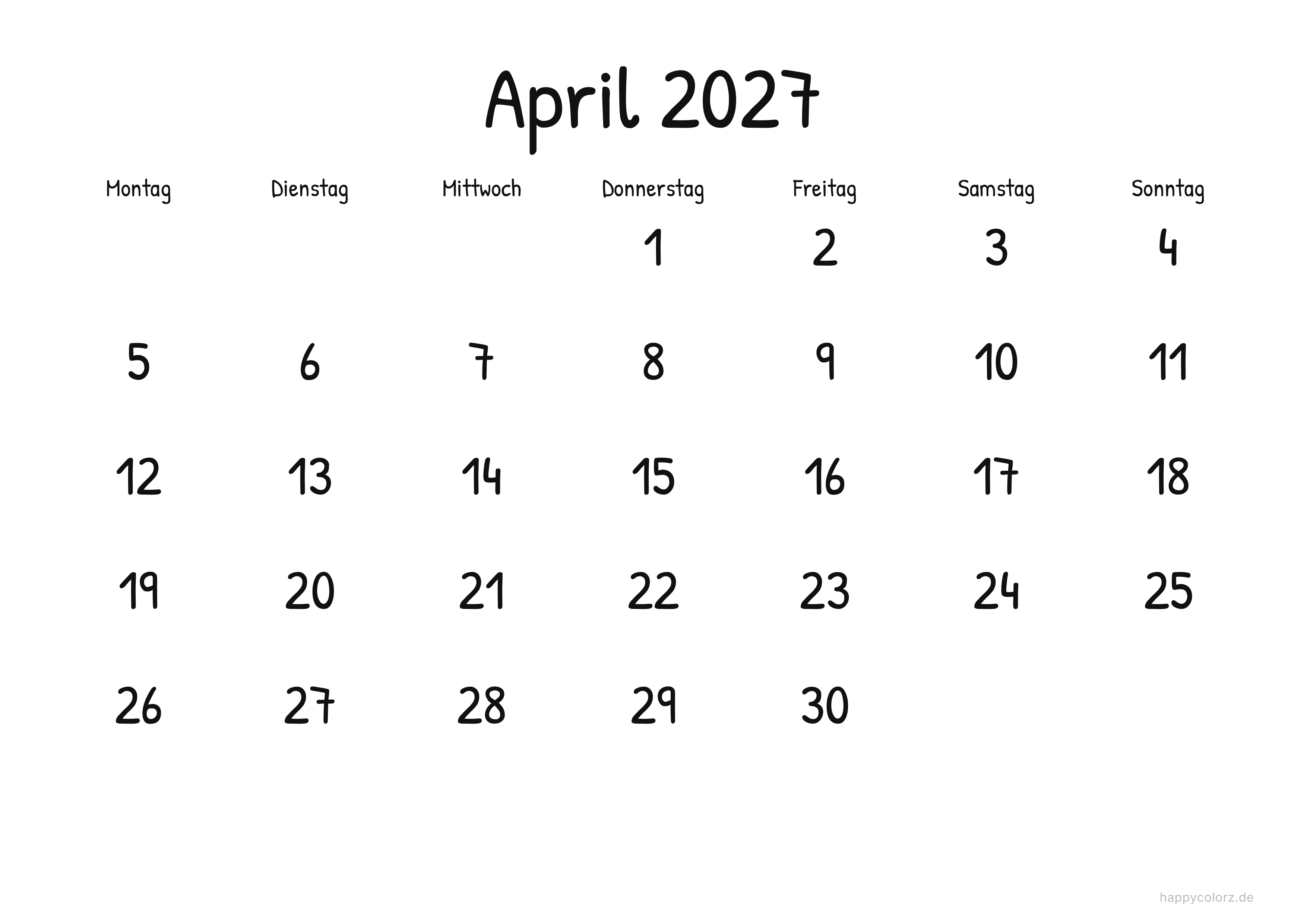 Kalender April 2027 Display, PDF zum Ausdrucken