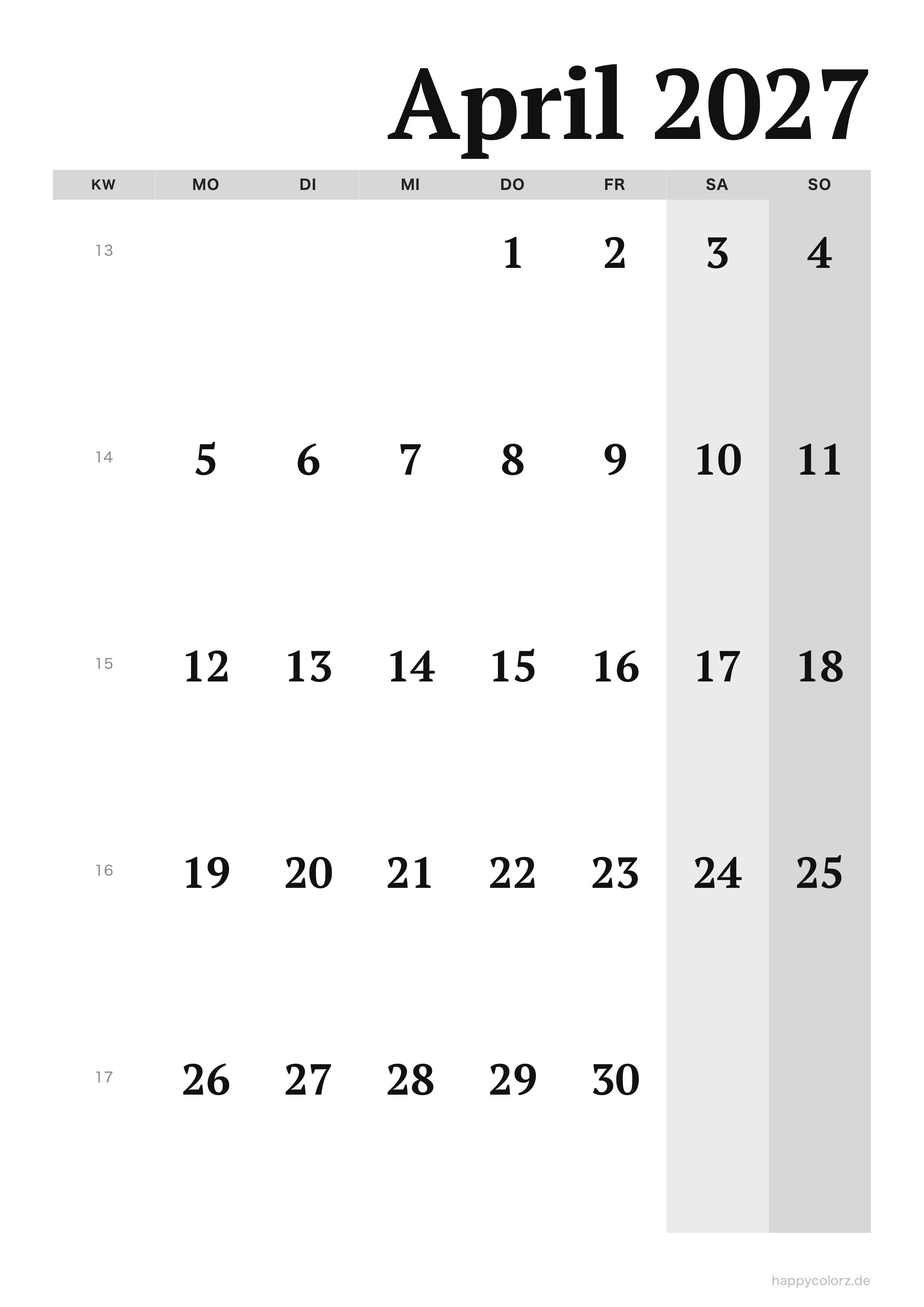 Kalender April 2027 Editorial, PDF zum Ausdrucken