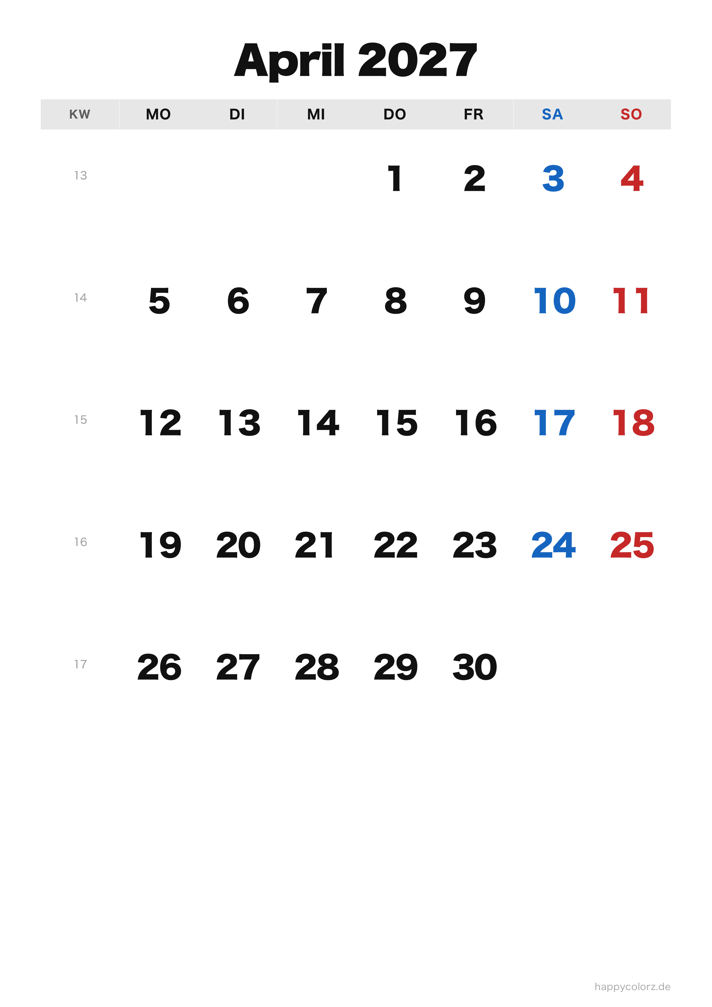 Kalender April 2027 klassisch, PDF zum Ausdrucken