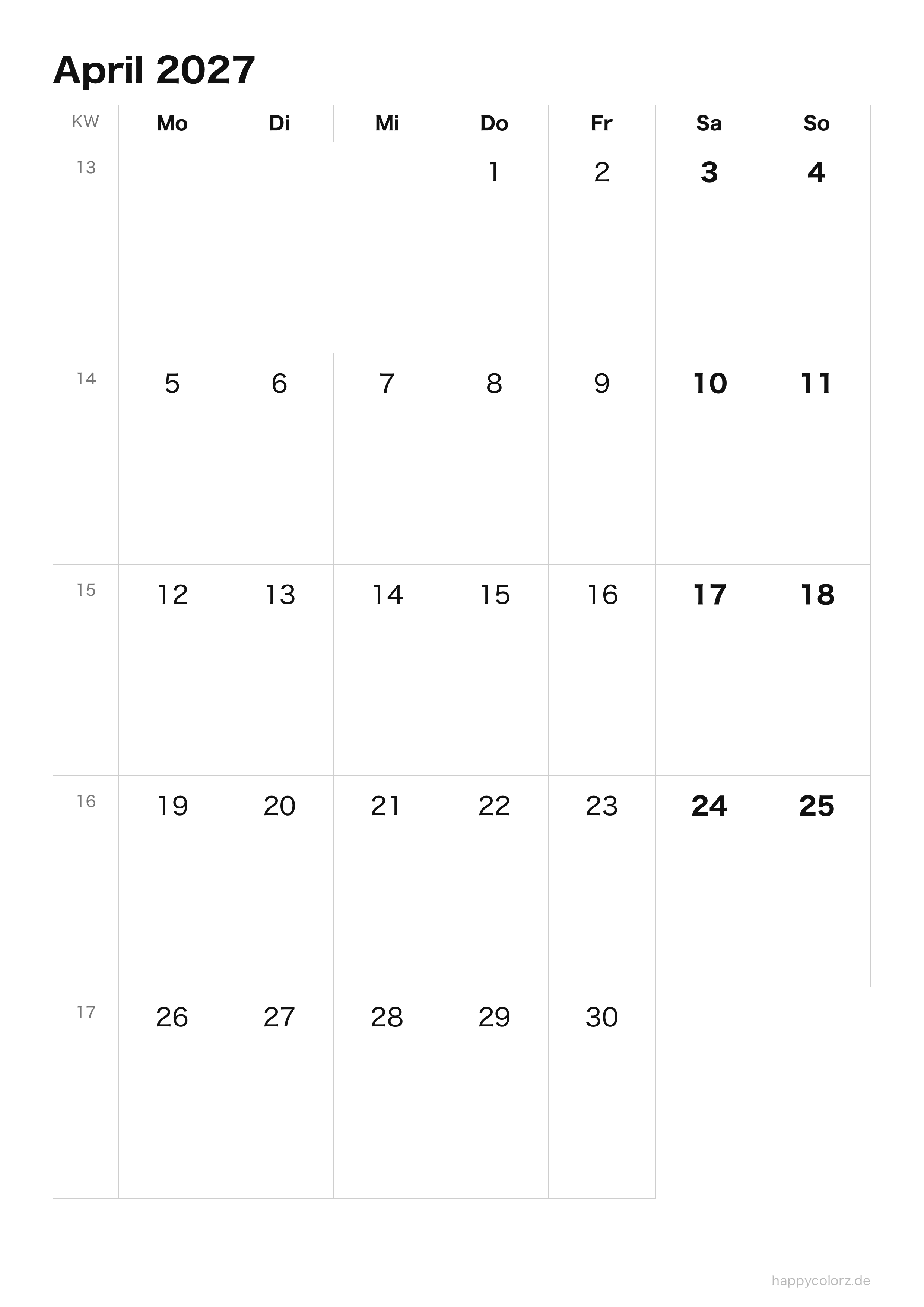 Kalender April 2027 klar & minimal · Hochformat, PDF zum Ausdrucken