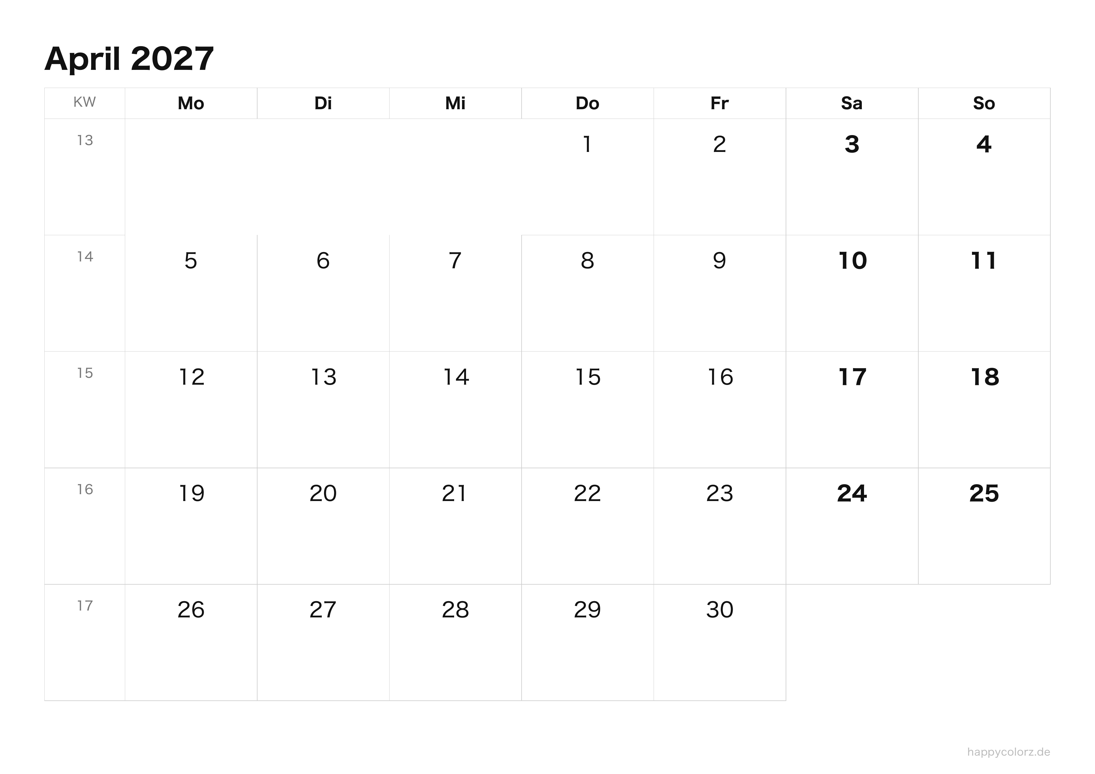 Kalender April 2027 klar & minimal · Querformat, PDF zum Ausdrucken