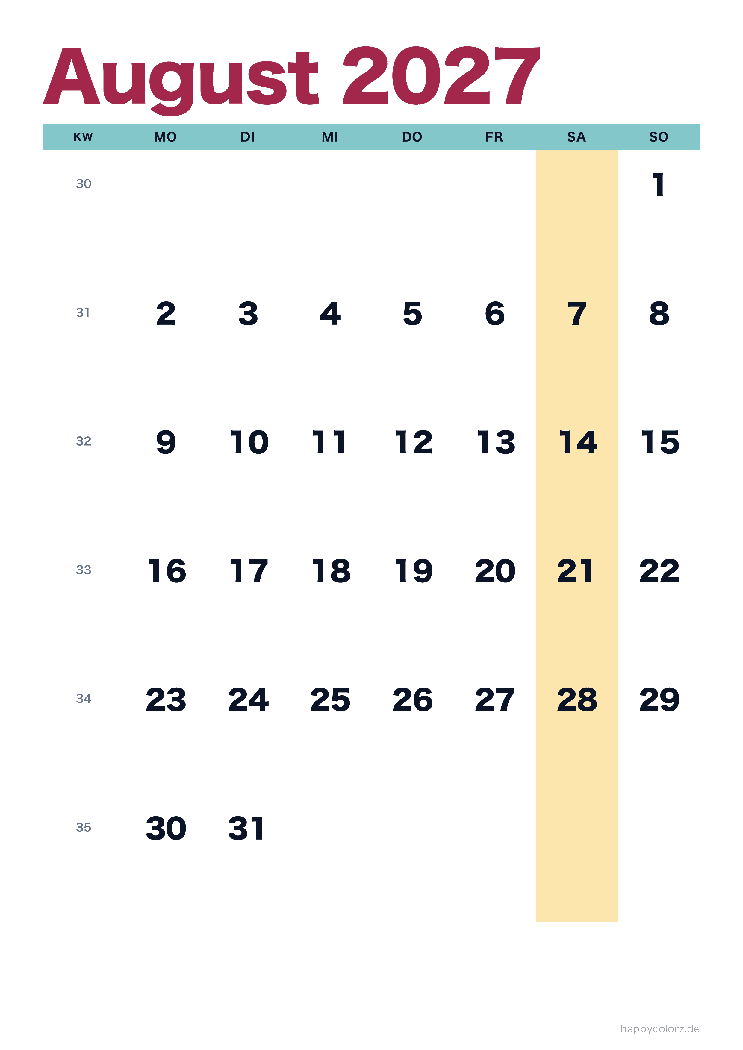 Kalender August 2027 bunt & modern, PDF zum Ausdrucken