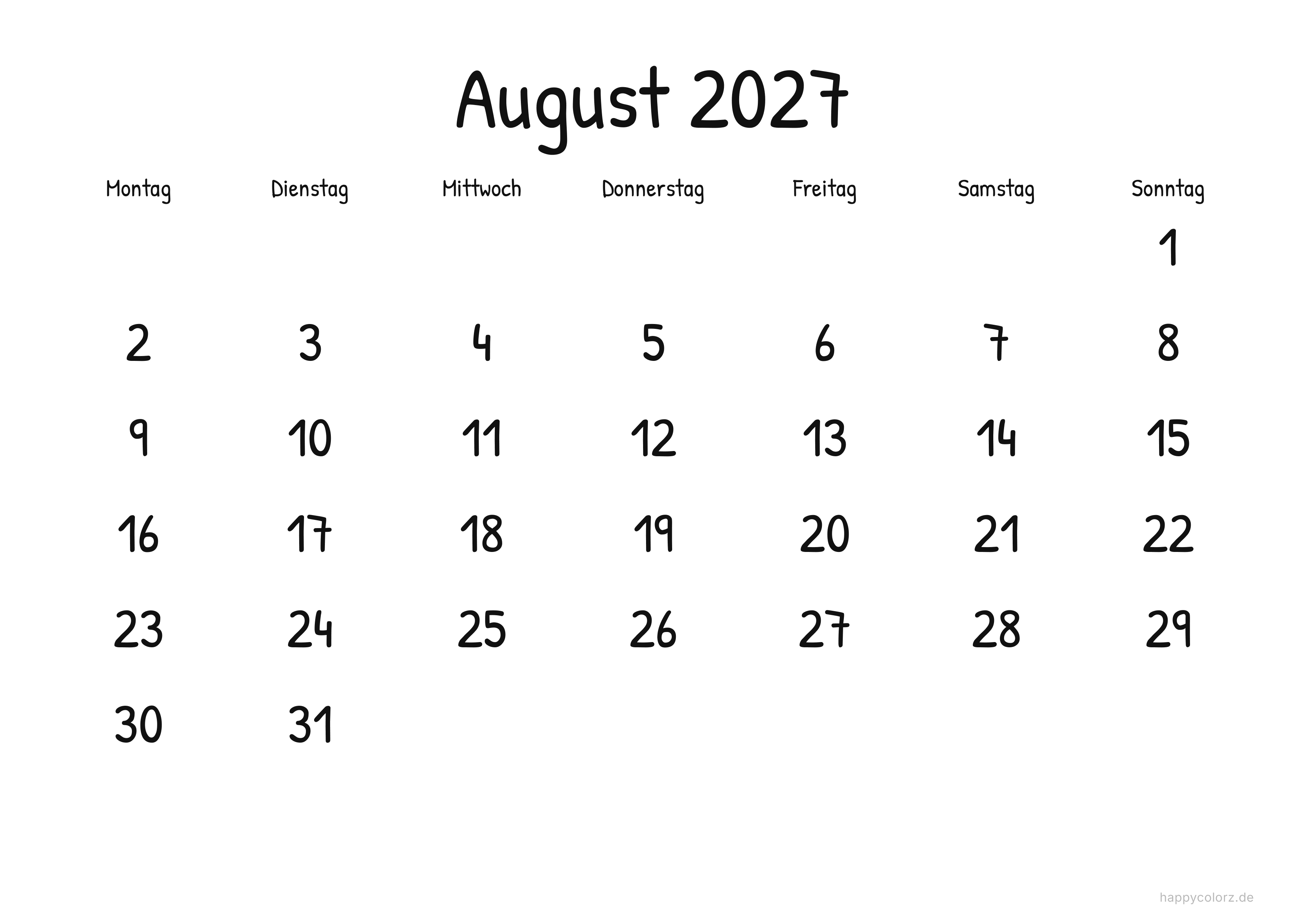 Kalender August 2027 Display, PDF zum Ausdrucken