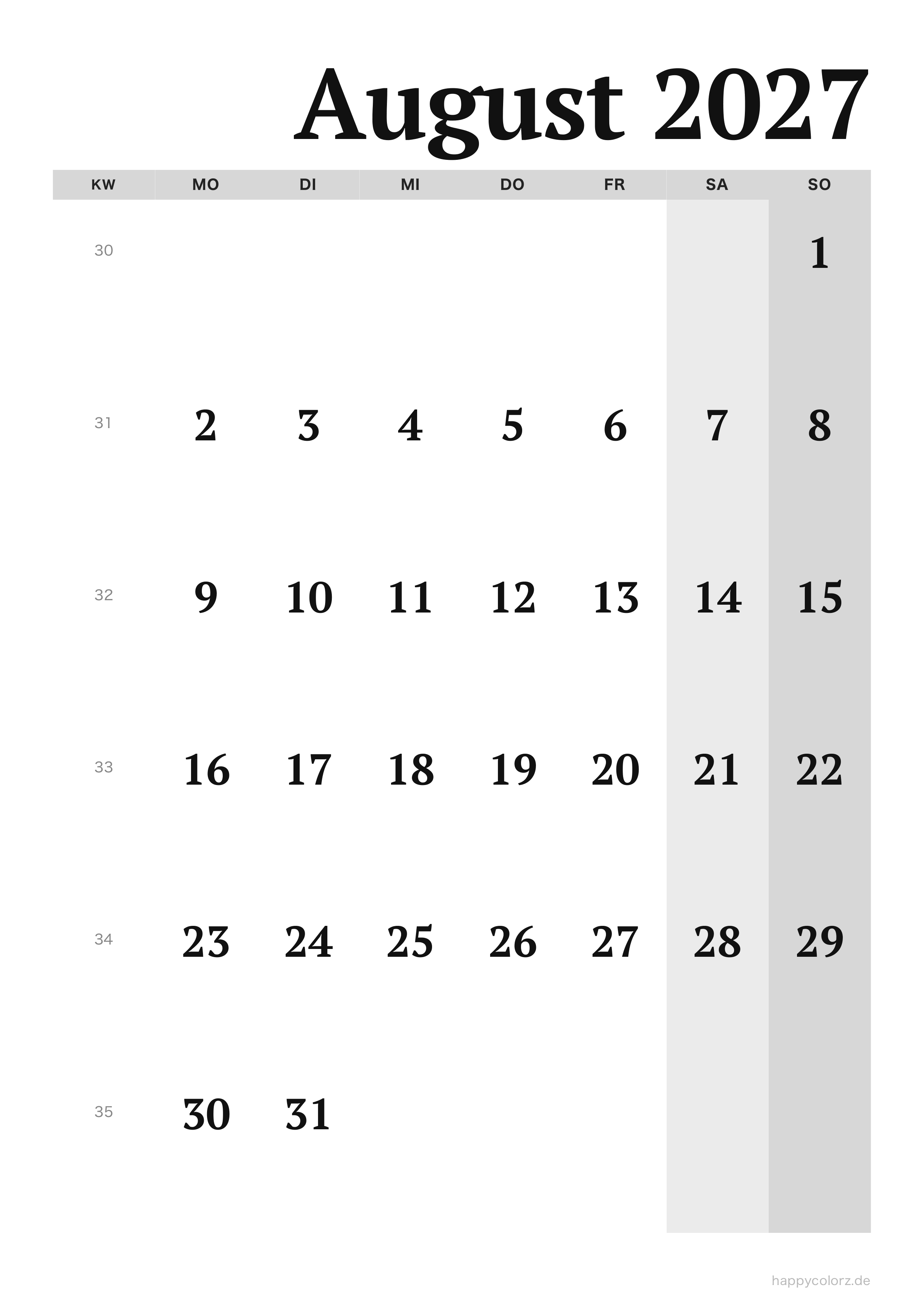 Kalender August 2027 Editorial, PDF zum Ausdrucken