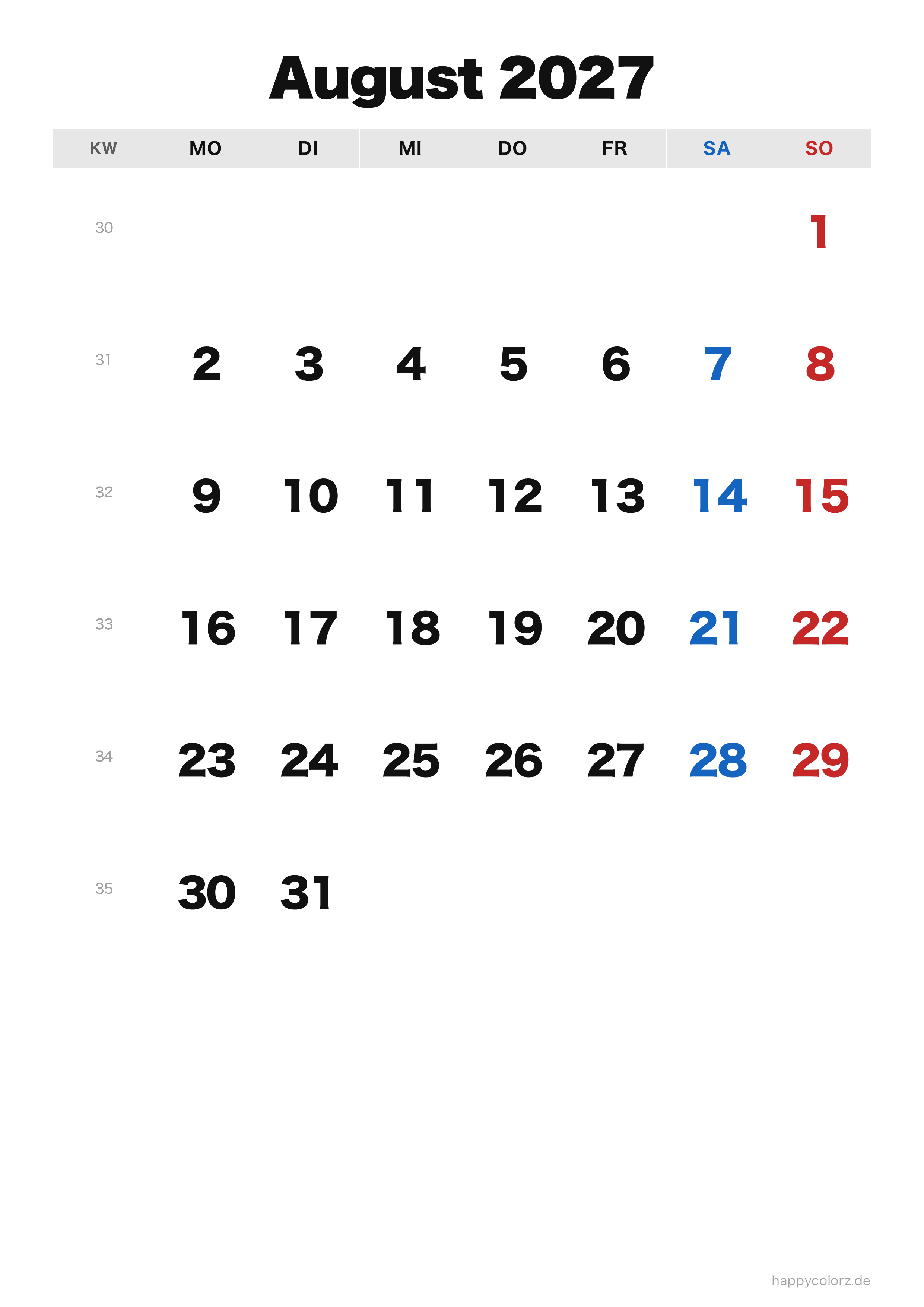 Kalender August 2027 klassisch, PDF zum Ausdrucken