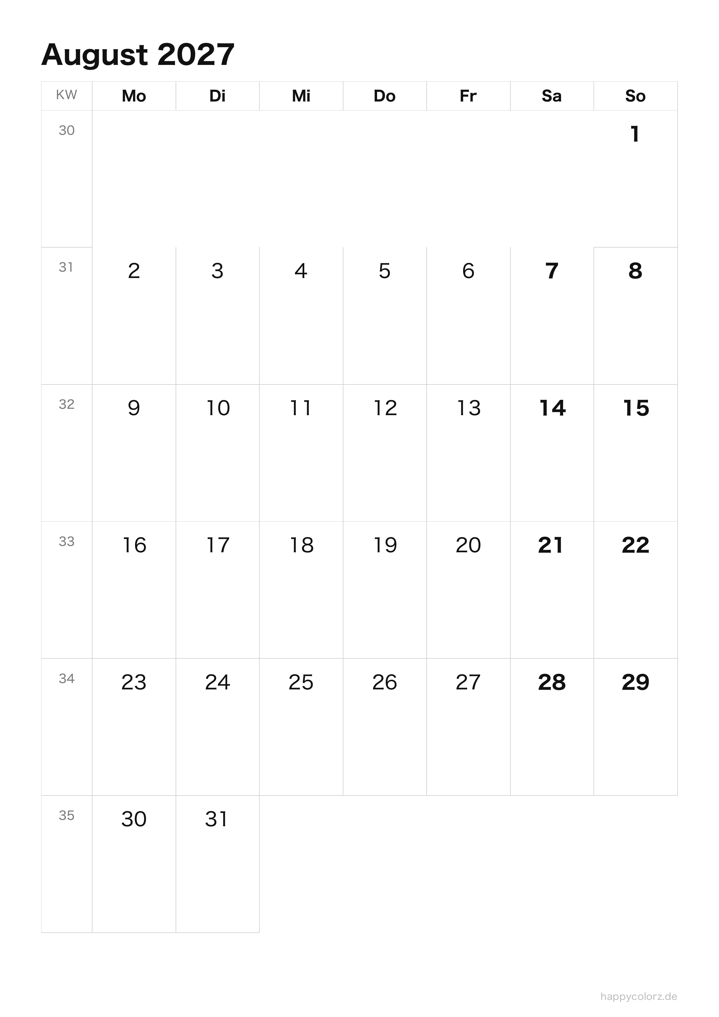 Kalender August 2027 klar & minimal · Hochformat, PDF zum Ausdrucken