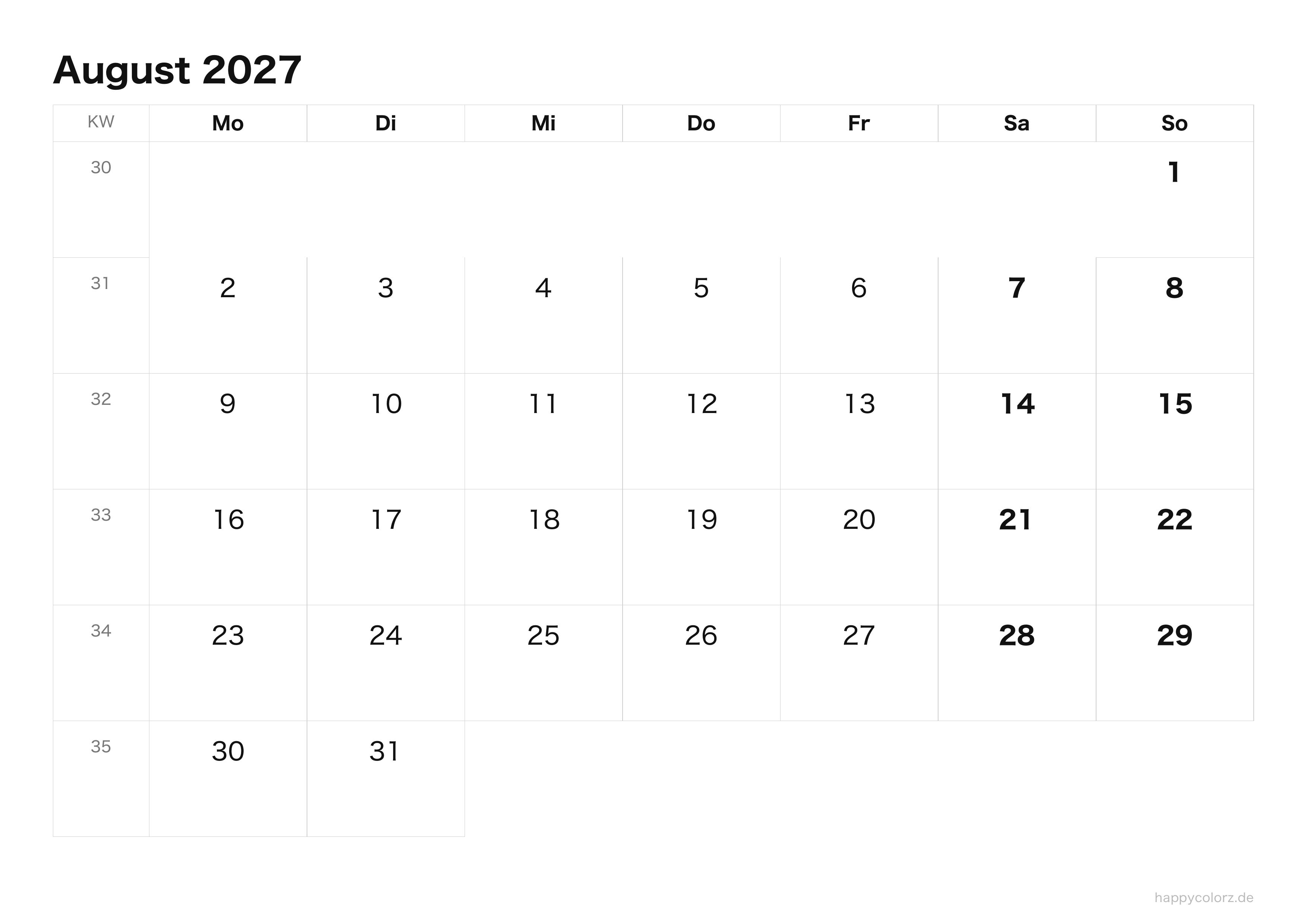 Kalender August 2027 klar & minimal · Querformat, PDF zum Ausdrucken