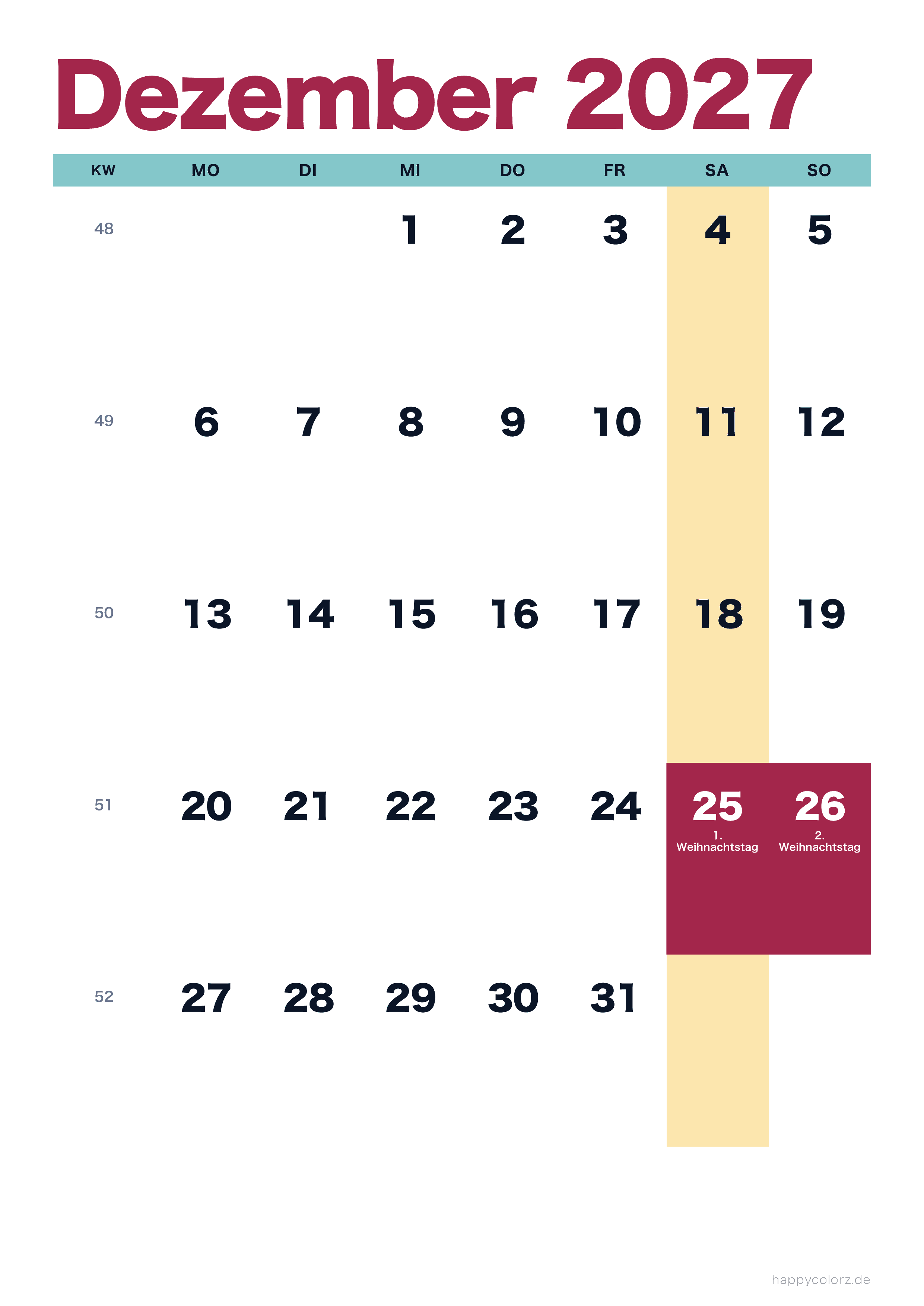 Kalender Dezember 2027 bunt & modern, PDF zum Ausdrucken
