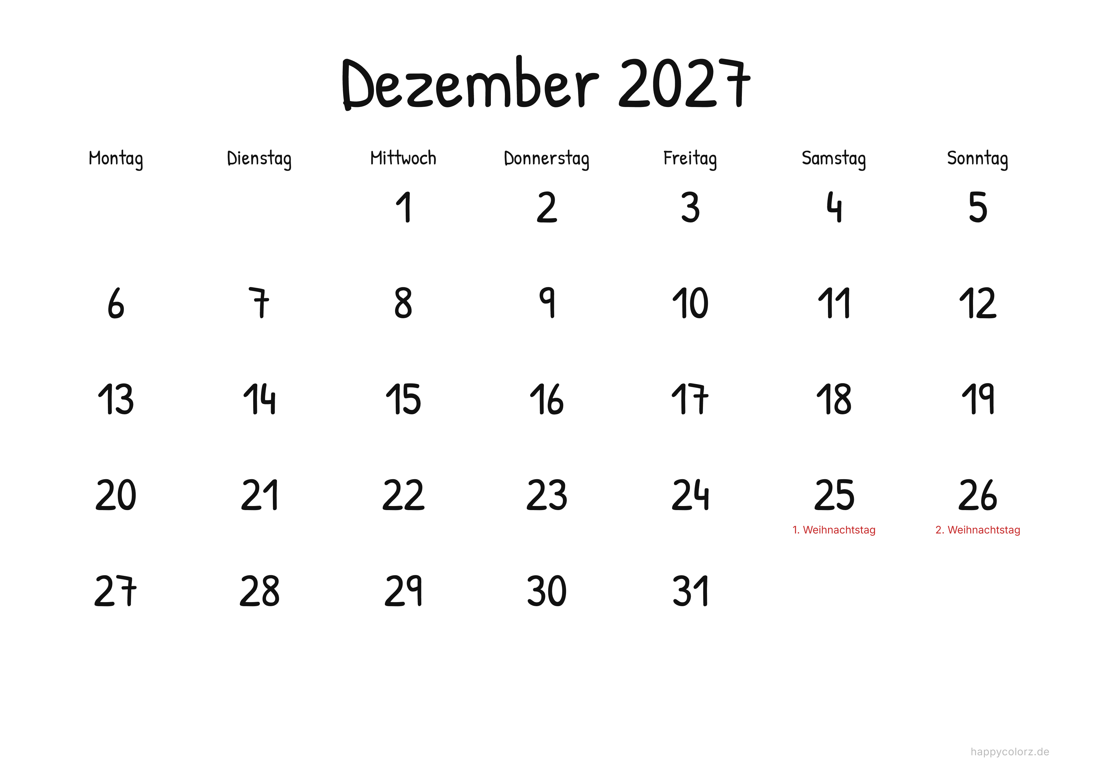Kalender Dezember 2027 Display, PDF zum Ausdrucken