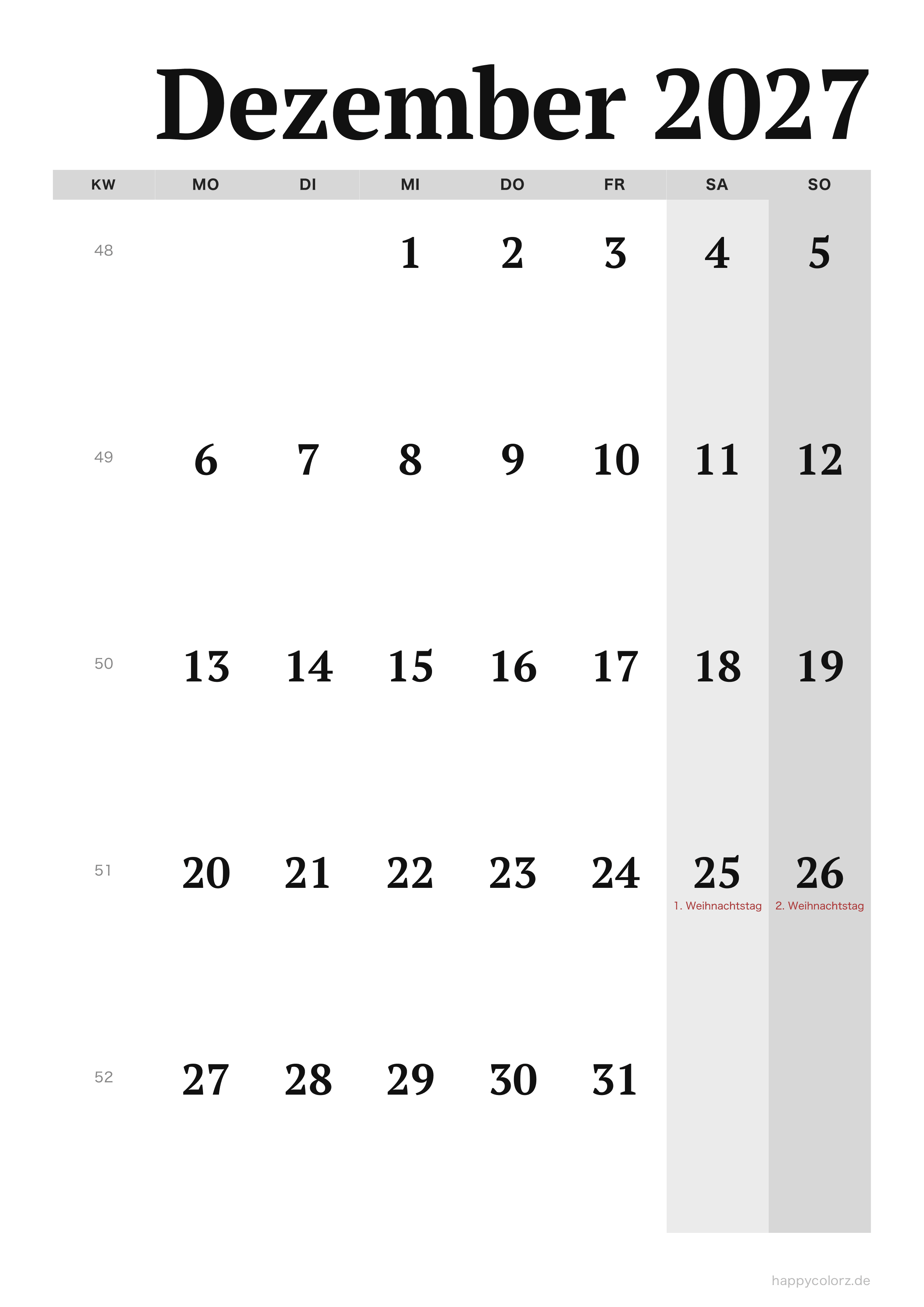 Kalender Dezember 2027 Editorial, PDF zum Ausdrucken