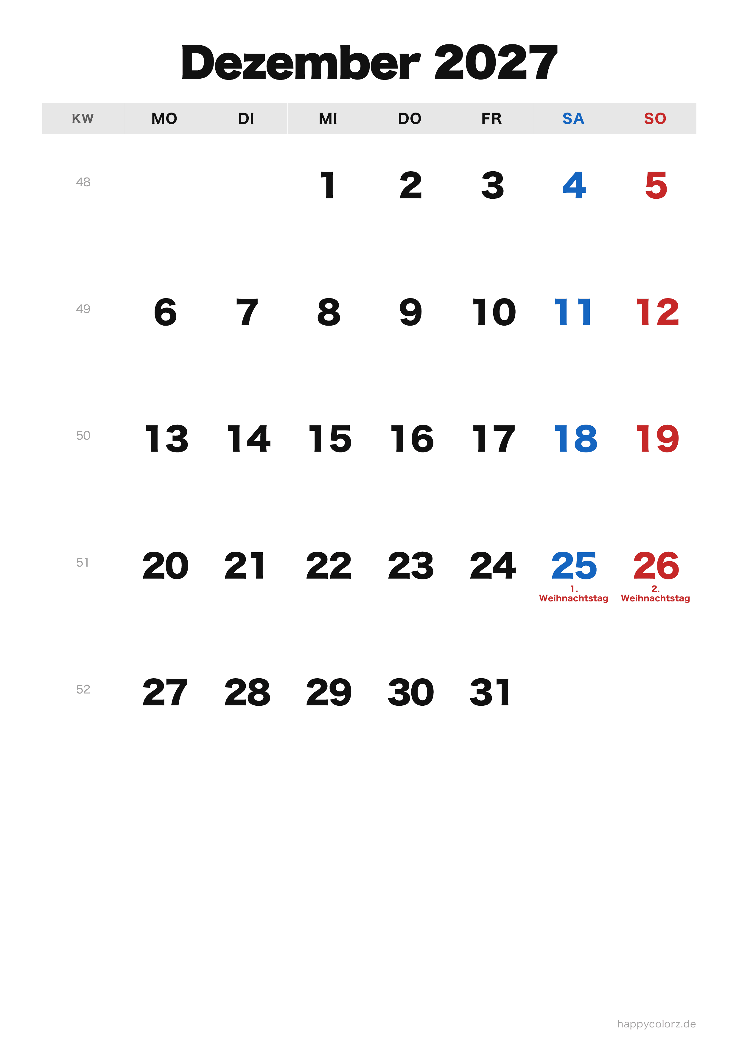 Kalender Dezember 2027 klassisch, PDF zum Ausdrucken