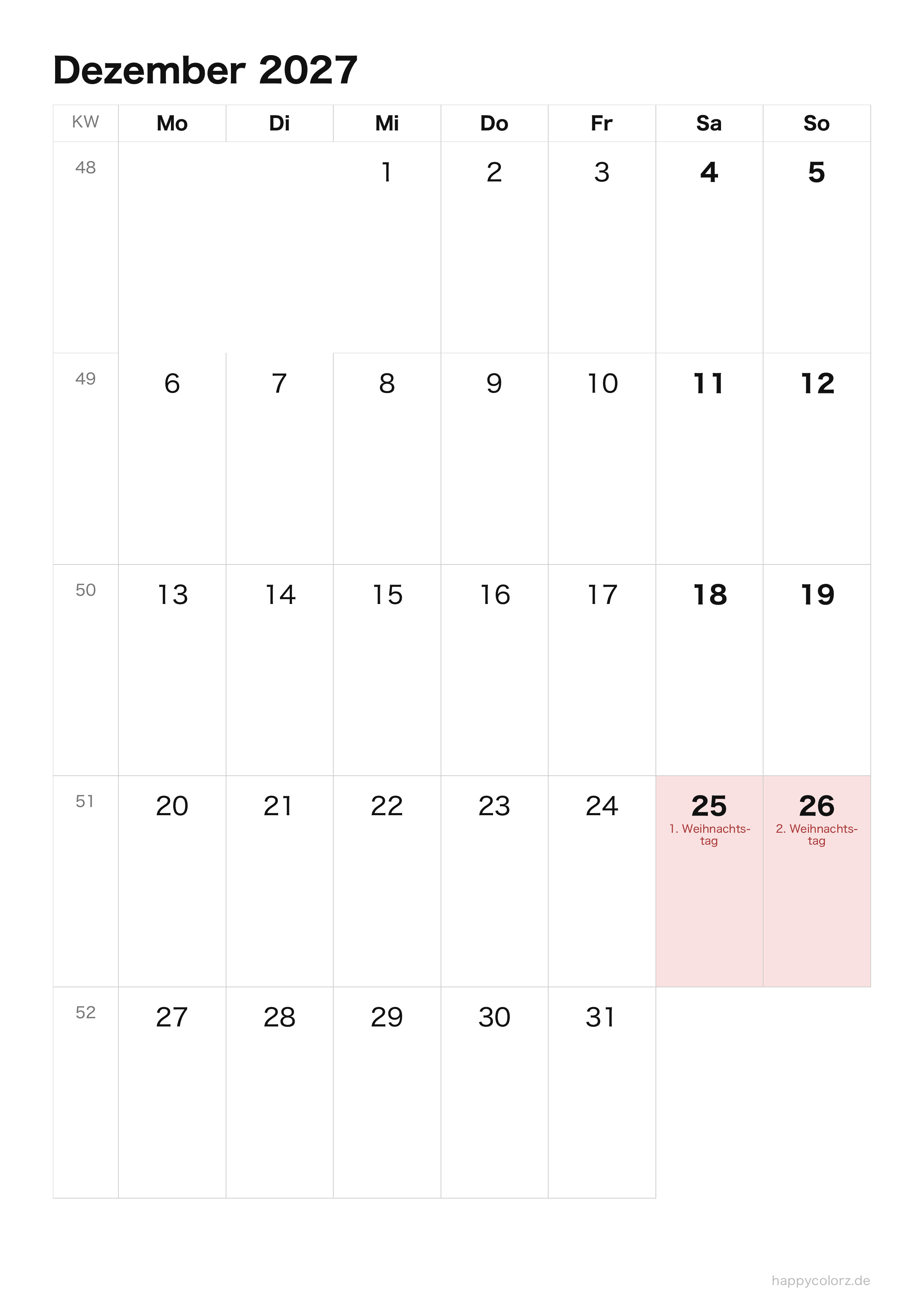 Kalender Dezember 2027 klar & minimal · Hochformat, PDF zum Ausdrucken