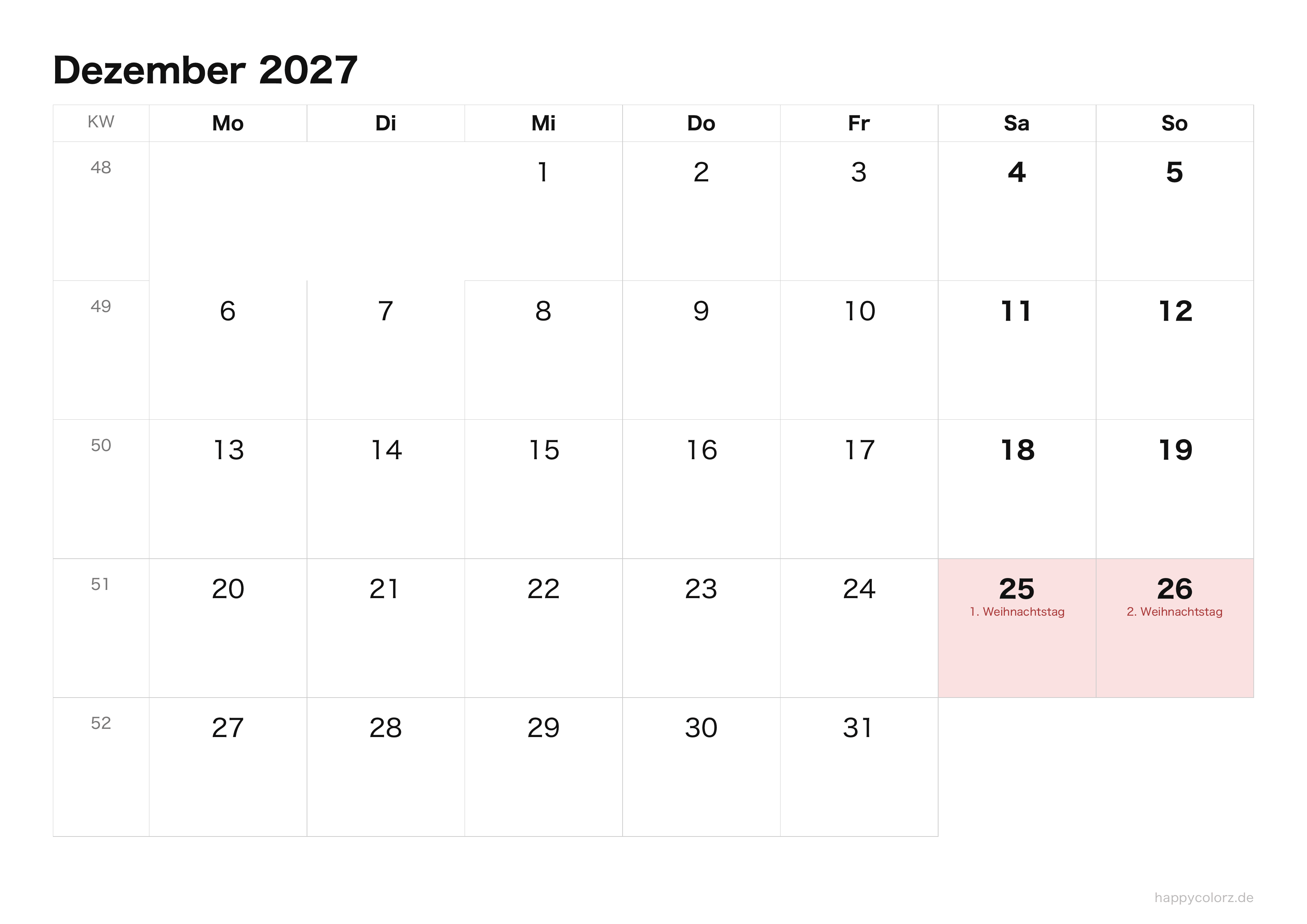 Kalender Dezember 2027 klar & minimal · Querformat, PDF zum Ausdrucken
