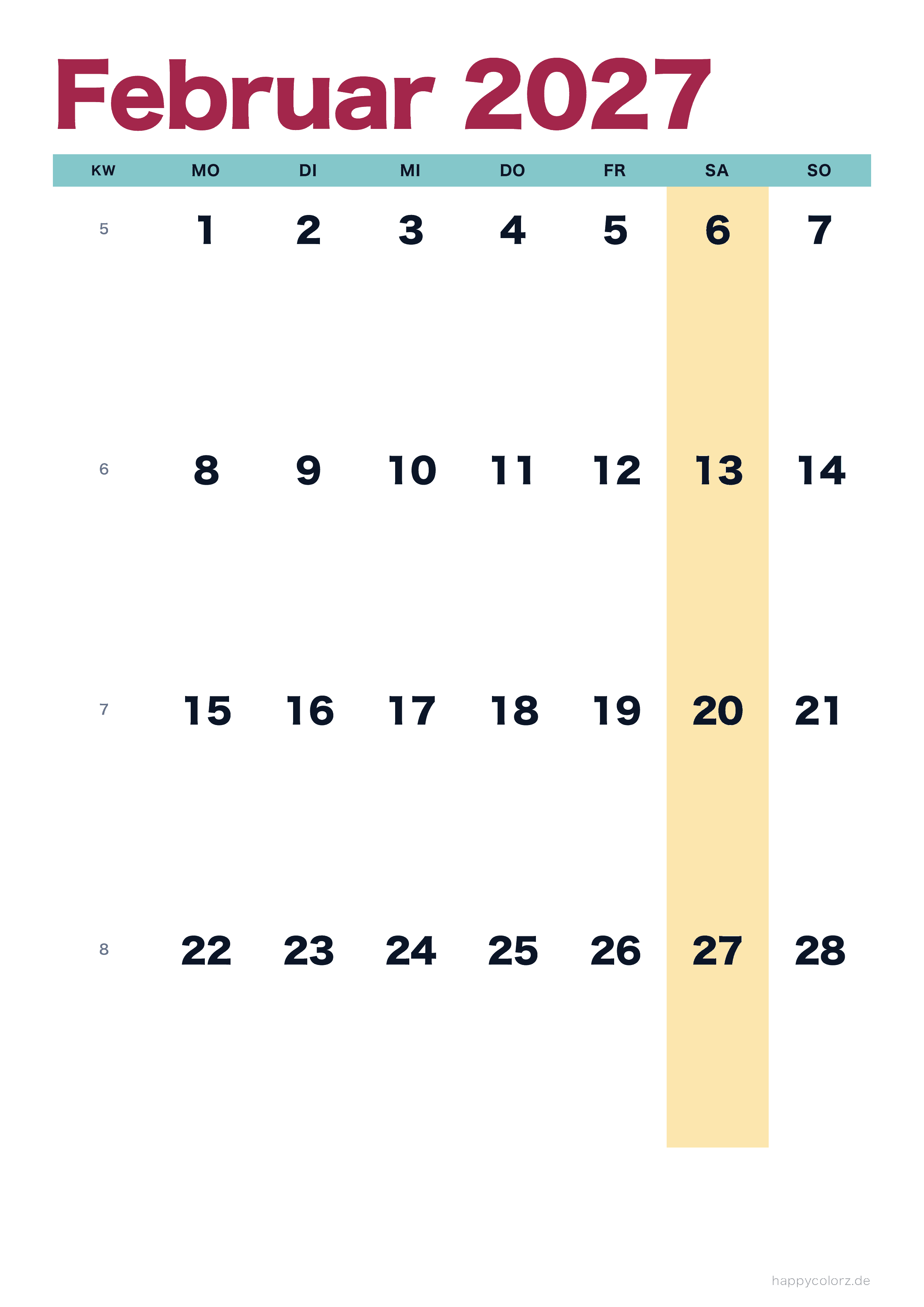 Kalender Februar 2027 bunt & modern, PDF zum Ausdrucken