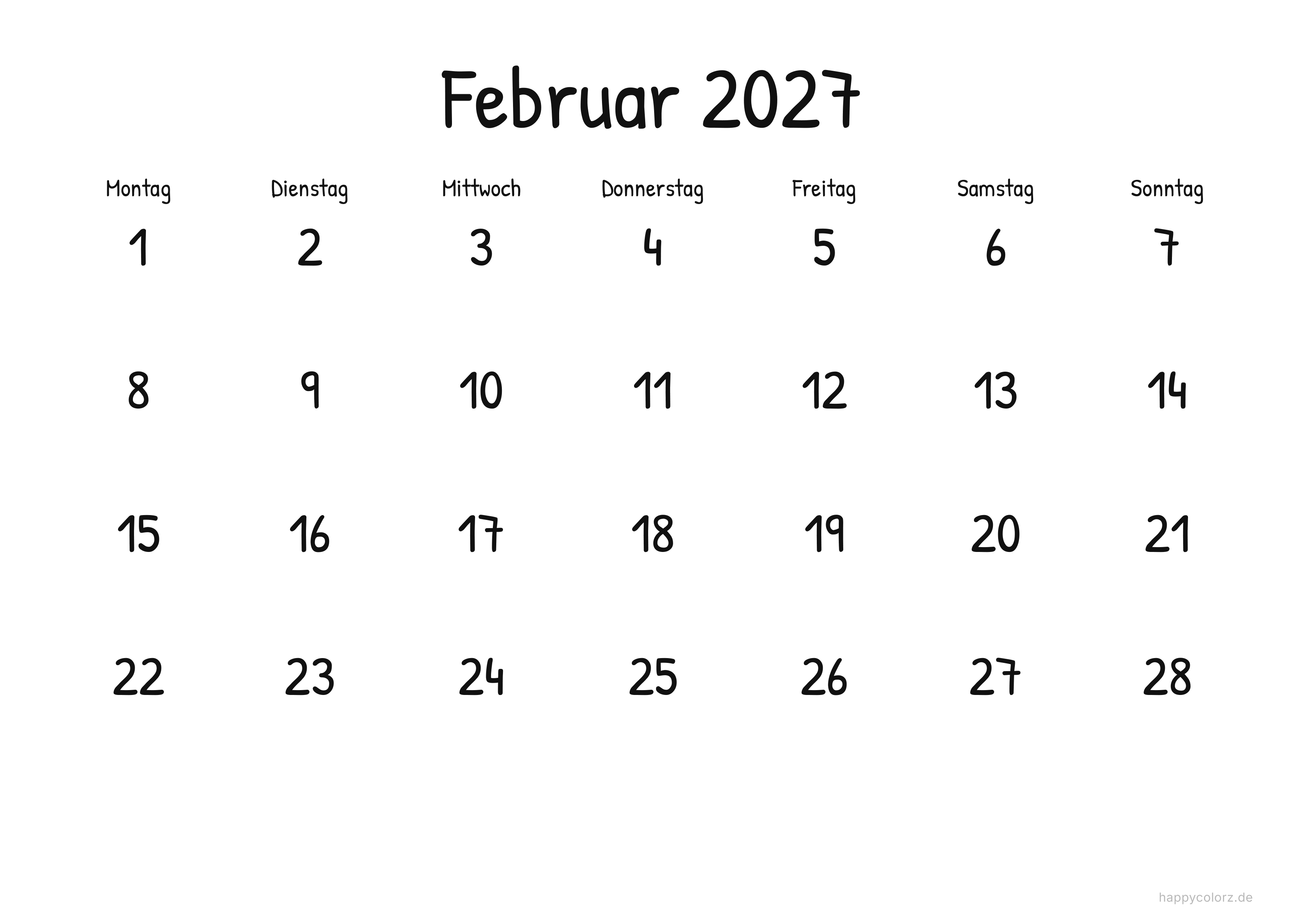 Kalender Februar 2027 Display, PDF zum Ausdrucken