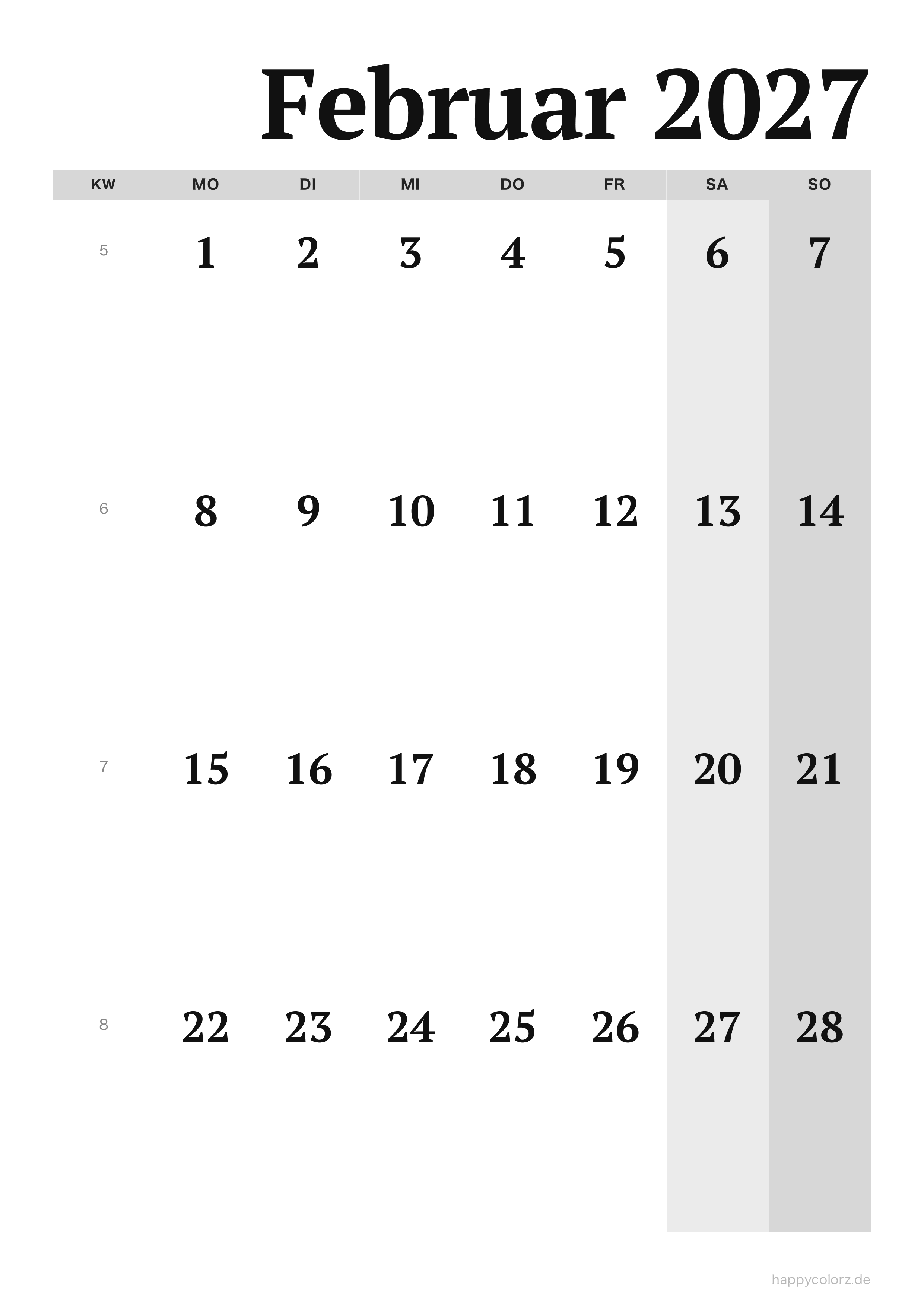 Kalender Februar 2027 Editorial, PDF zum Ausdrucken