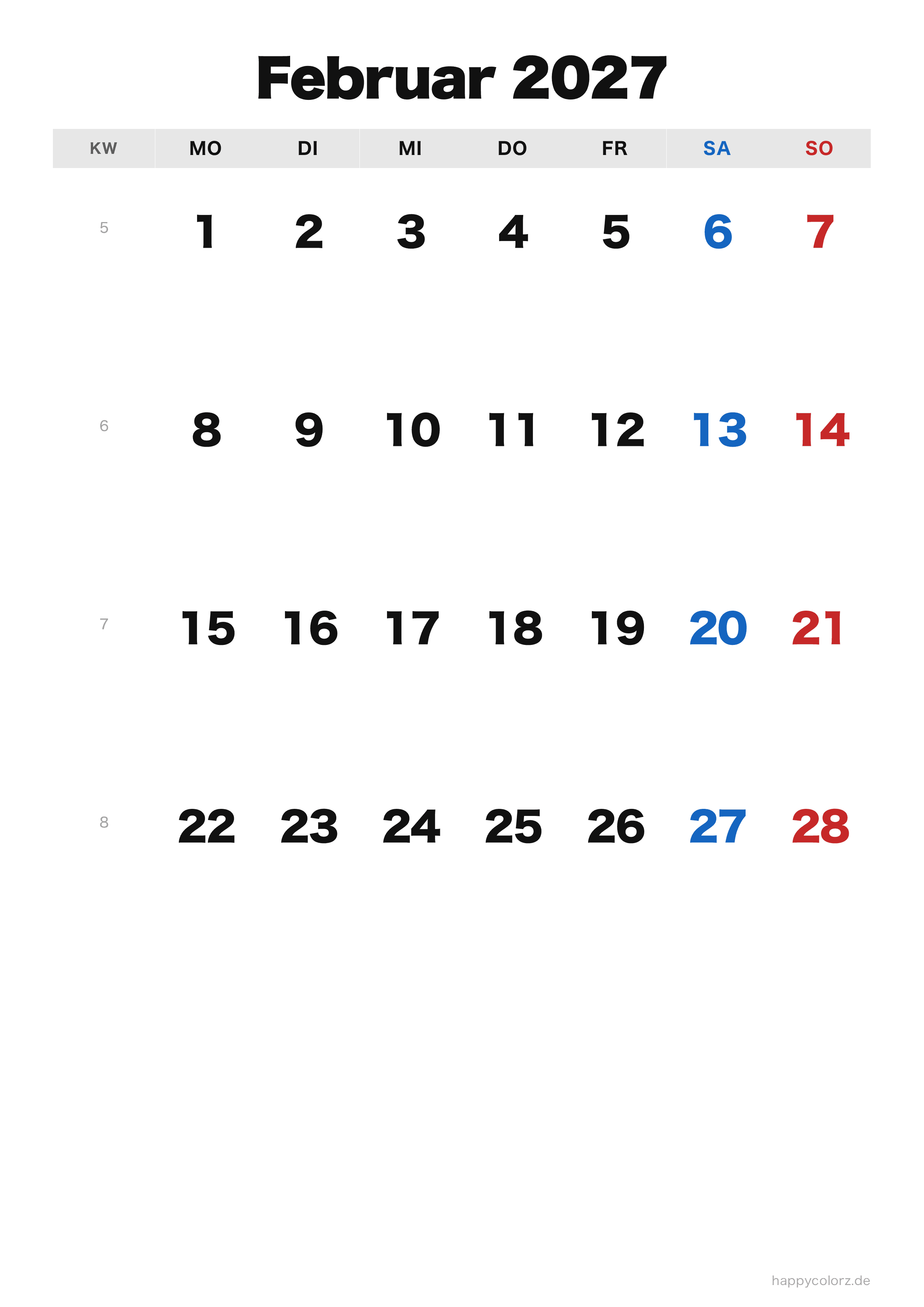 Kalender Februar 2027 klassisch, PDF zum Ausdrucken