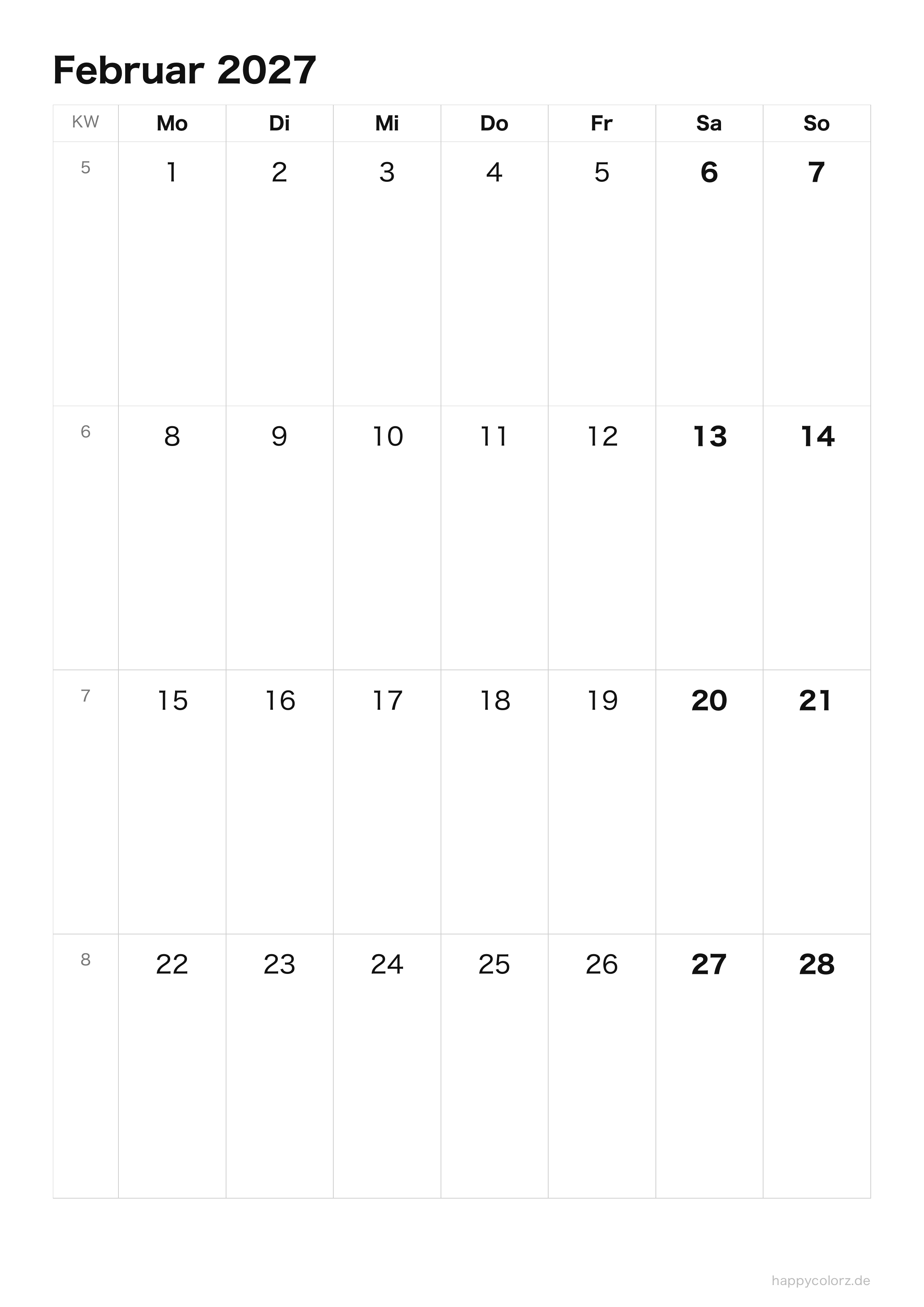 Kalender Februar 2027 klar & minimal · Hochformat, PDF zum Ausdrucken