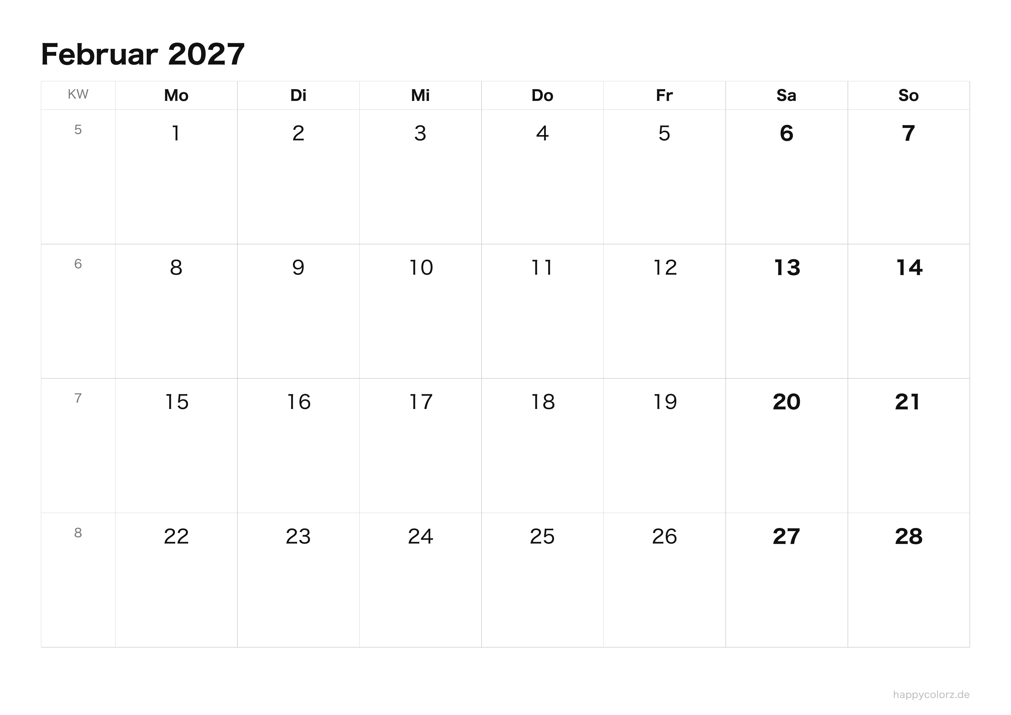 Kalender Februar 2027 klar & minimal · Querformat, PDF zum Ausdrucken