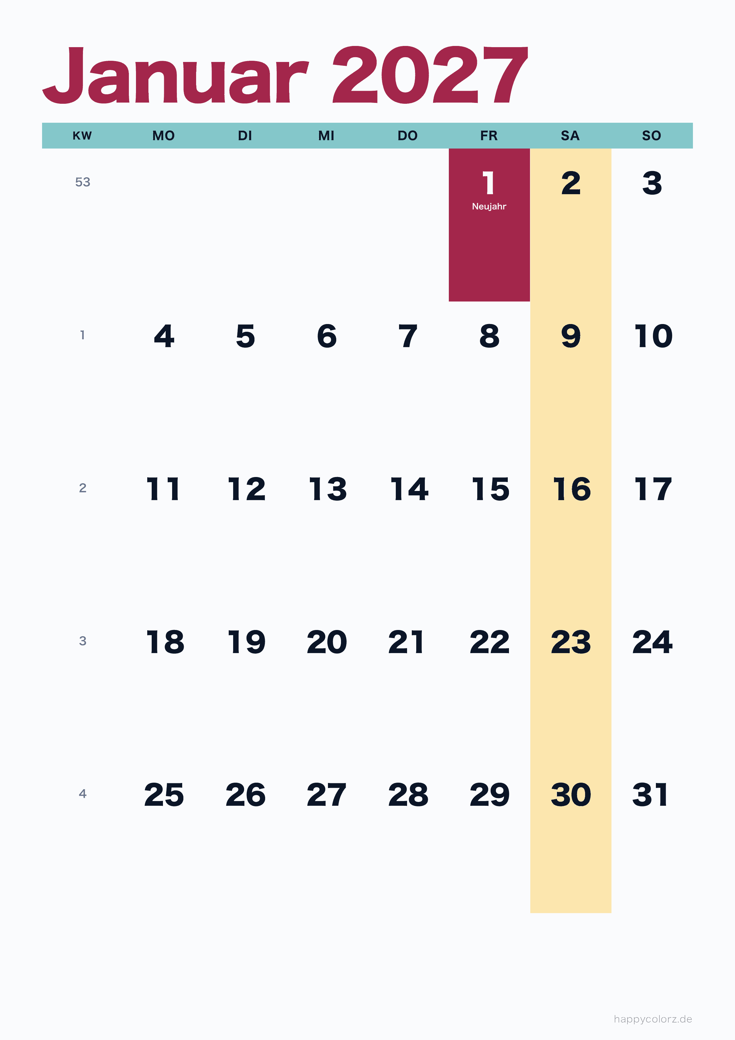 Kalender Januar 2027 bunt & modern, Hochformat PDF zum Ausdrucken